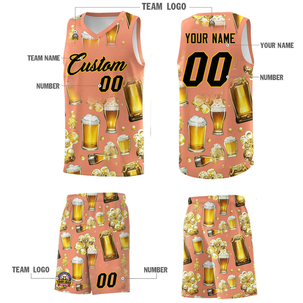 Custom Light Orange National Beer Day Personalized Beer Bubble Basketball Jersey | Perfect for parties | Dye-sublimation printing | KXKSHOP
