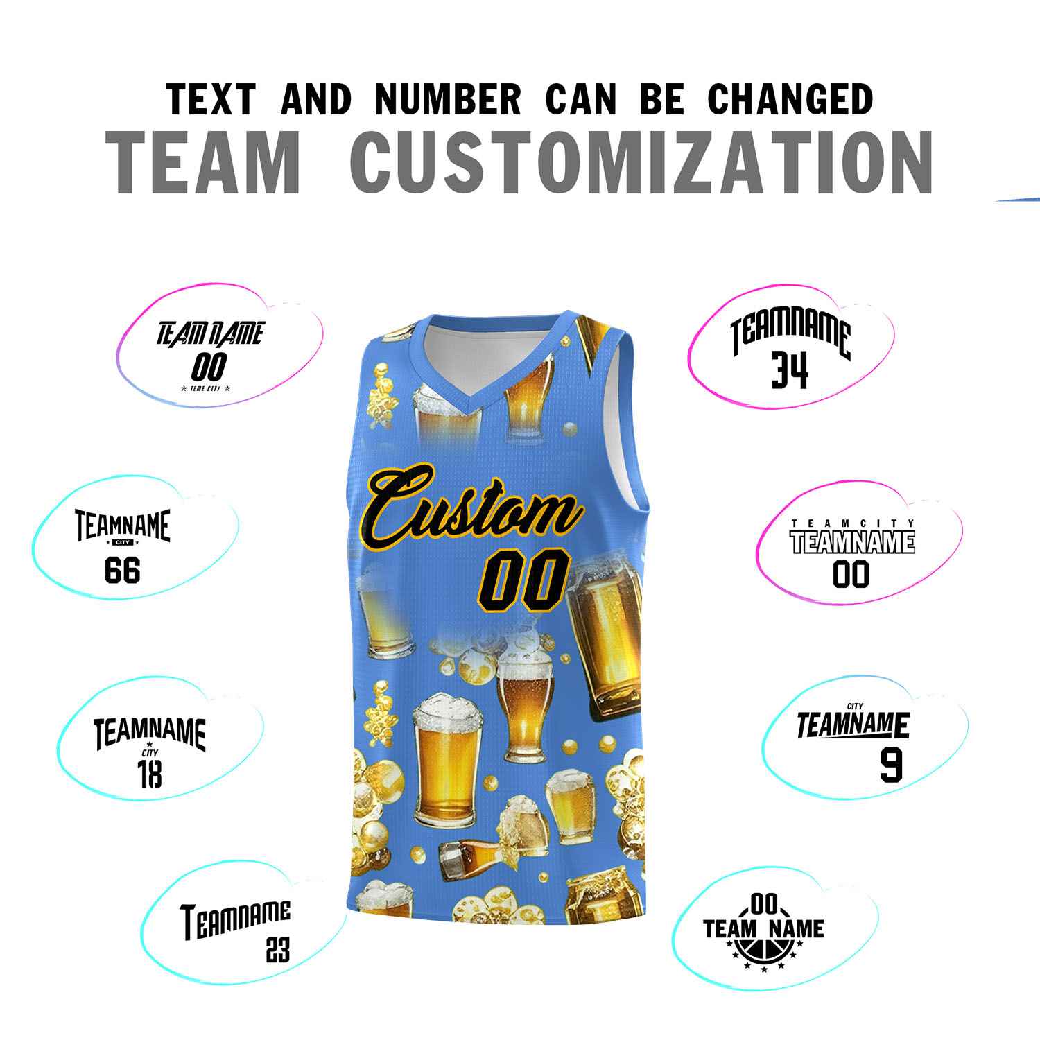 Custom Powder Blue National Beer Day Personalized Beer Bubble Basketball Jersey | Perfect for parties | Dye-sublimation printing | KXKSHOP