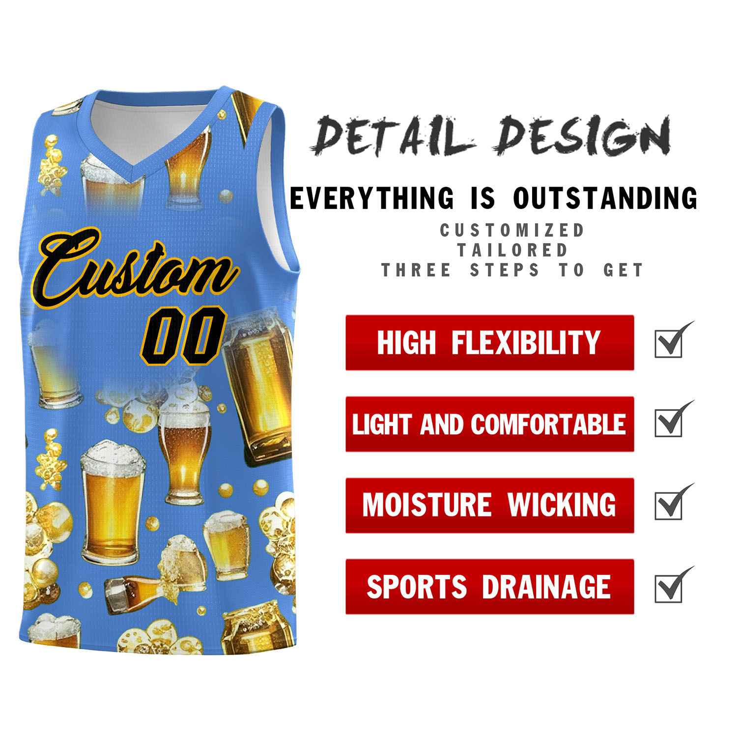 Custom Powder Blue National Beer Day Personalized Beer Bubble Basketball Jersey | Perfect for parties | Dye-sublimation printing | KXKSHOP