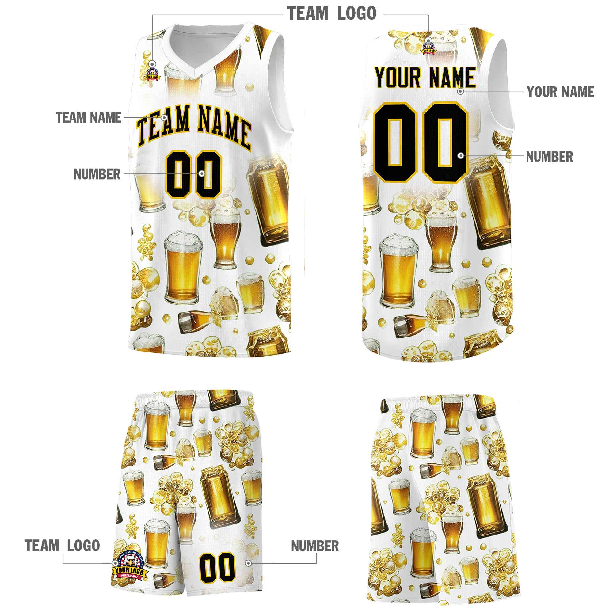 Custom White National Beer Day Personalized Beer Bubble Basketball Jersey | Perfect for parties | Dye-sublimation printing | KXKSHOP