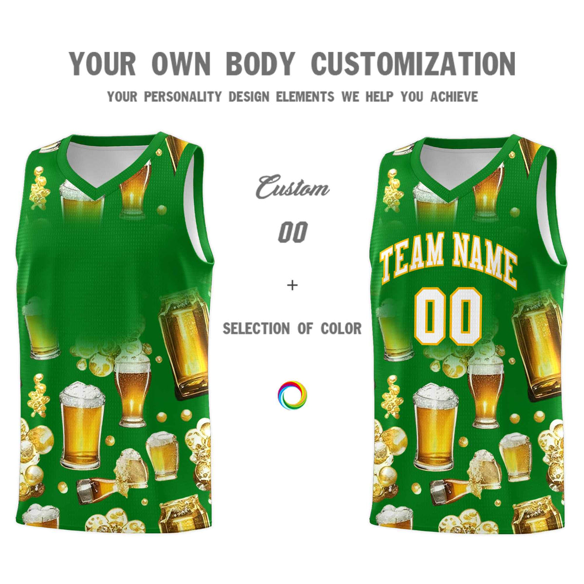 Custom Kelly Green-02 National Beer Day Personalized Beer Bubble Basketball Jersey | Perfect for parties | Dye-sublimation printing | KXKSHOP