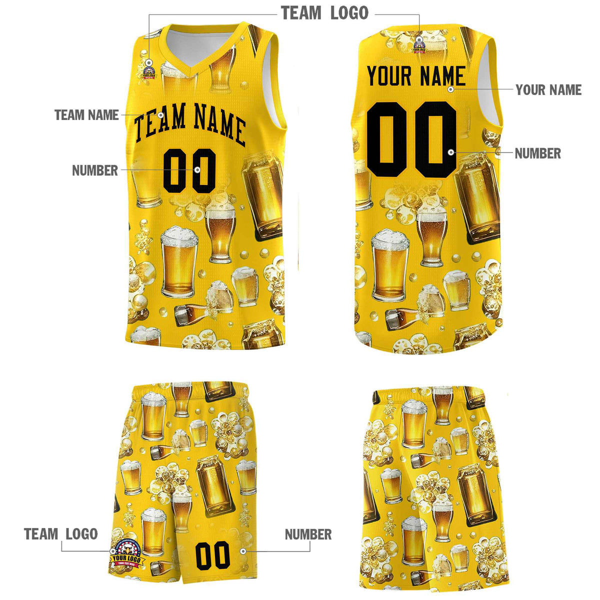 Custom Gold National Beer Day Personalized Beer Bubble Basketball Jersey | Perfect for parties | Dye-sublimation printing | KXKSHOP