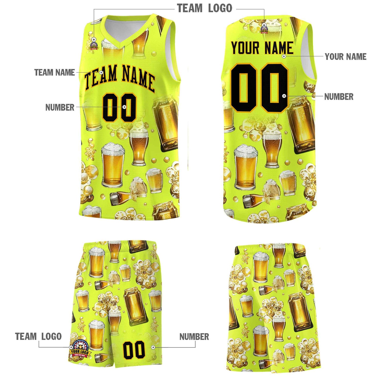 Custom Fluorescent Green National Beer Day Personalized Beer Bubble Basketball Jersey | Perfect for parties | Dye-sublimation printing | KXKSHOP