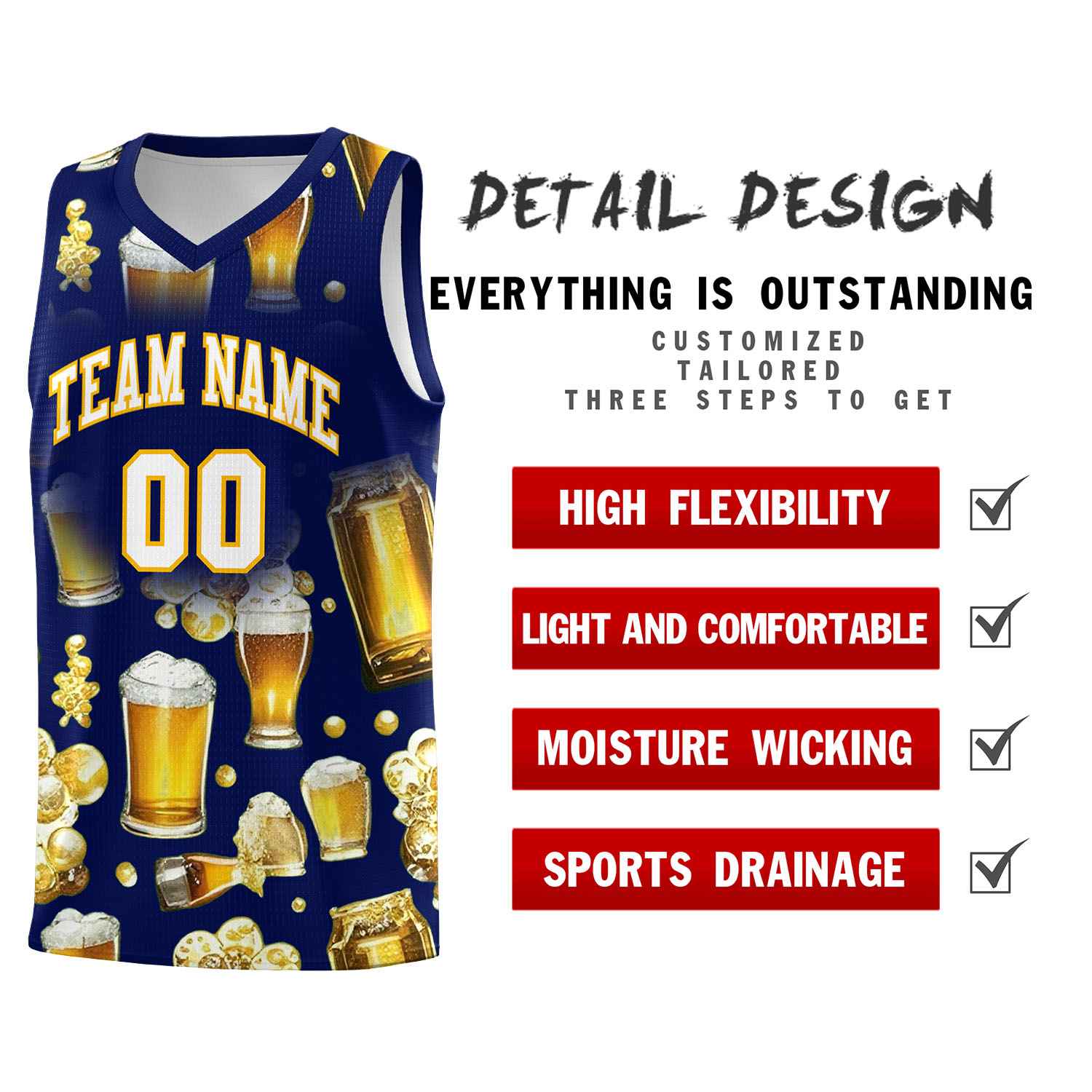 Custom Dark Blue National Beer Day Personalized Beer Bubble Basketball Jersey | Perfect for parties | Dye-sublimation printing | KXKSHOP