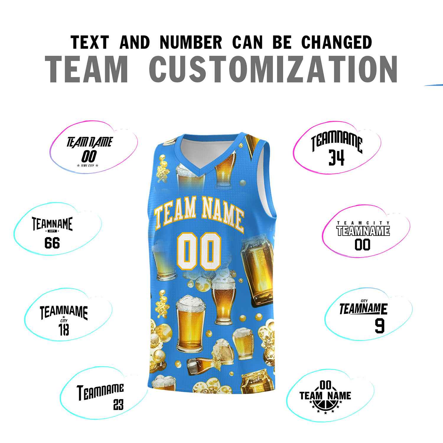 Custom Light Blue National Beer Day Personalized Beer Bubble Basketball Jersey | Perfect for parties | Dye-sublimation printing | KXKSHOP