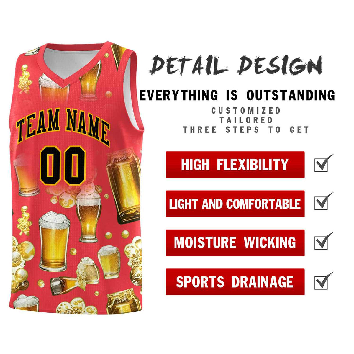 Custom Light Red National Beer Day Personalized Beer Bubble Basketball Jersey | Perfect for parties | Dye-sublimation printing | KXKSHOP