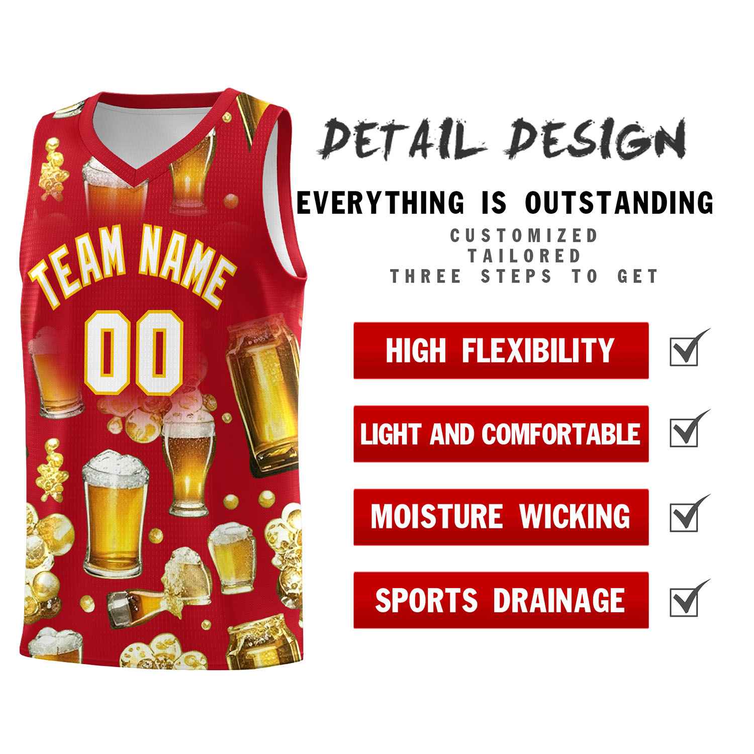 Custom Red National Beer Day Personalized Beer Bubble Basketball Jersey | Perfect for parties | Dye-sublimation printing | KXKSHOP