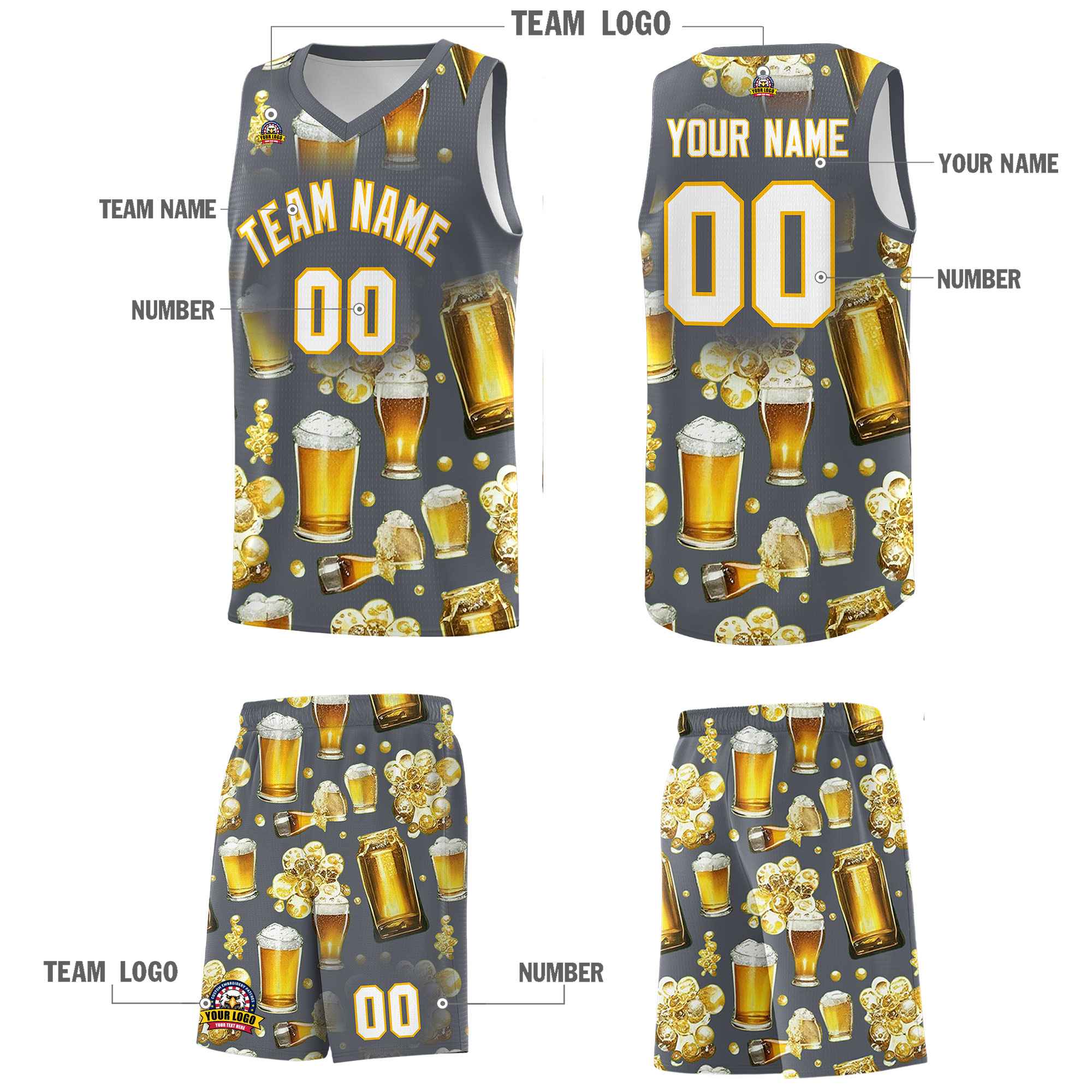 Custom Gray National Beer Day Personalized Beer Bubble Basketball Jersey | Perfect for parties | Dye-sublimation printing | KXKSHOP