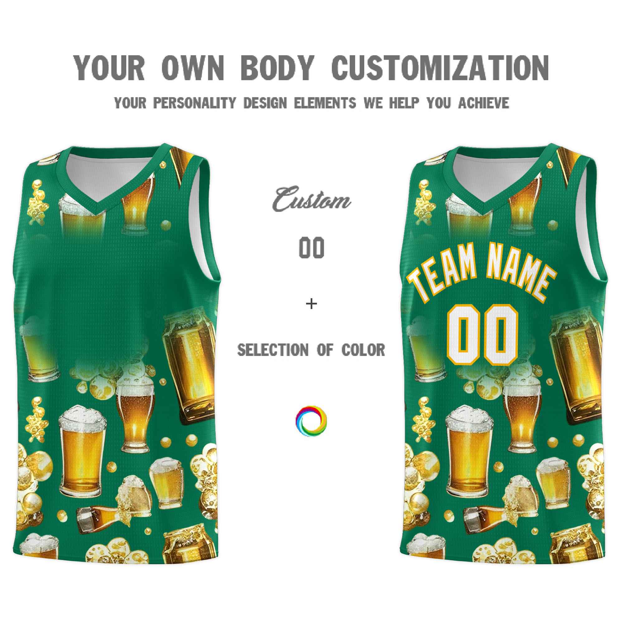 Custom Kelly Green National Beer Day Personalized Beer Bubble Basketball Jersey | Perfect for parties | Dye-sublimation printing | KXKSHOP