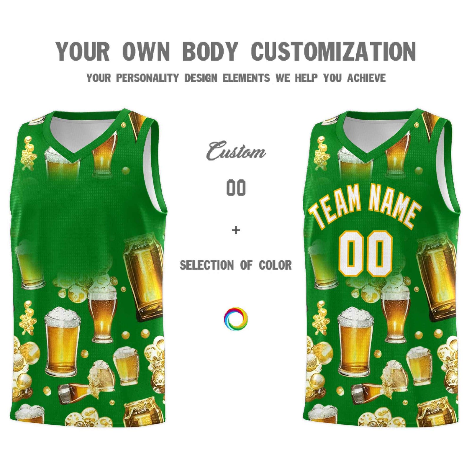 Custom Kelly Green-02 National Beer Day Personalized Beer Bubble Basketball Jersey | Perfect for parties | Dye-sublimation printing | KXKSHOP