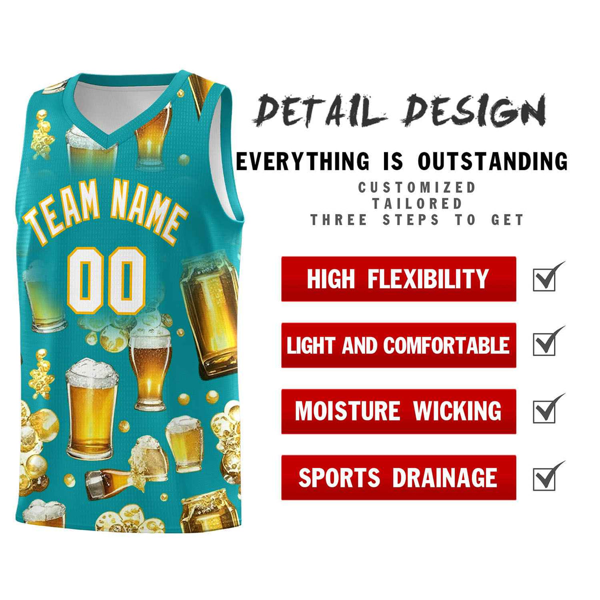 Custom Teal National Beer Day Personalized Beer Bubble Basketball Jersey | Perfect for parties | Dye-sublimation printing | KXKSHOP