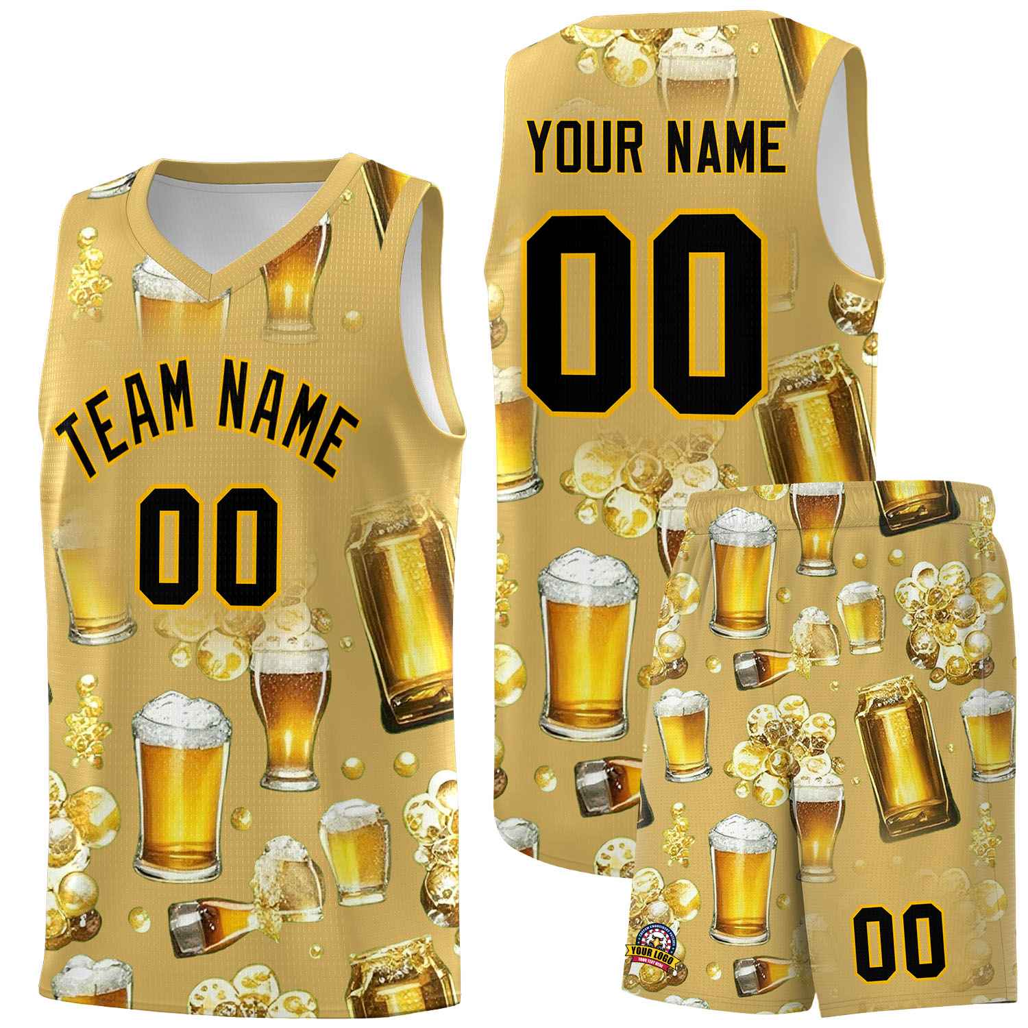 Custom Old Gold National Beer Day Personalized Beer Bubble Basketball Jersey | Perfect for parties | Dye-sublimation printing | KXKSHOP