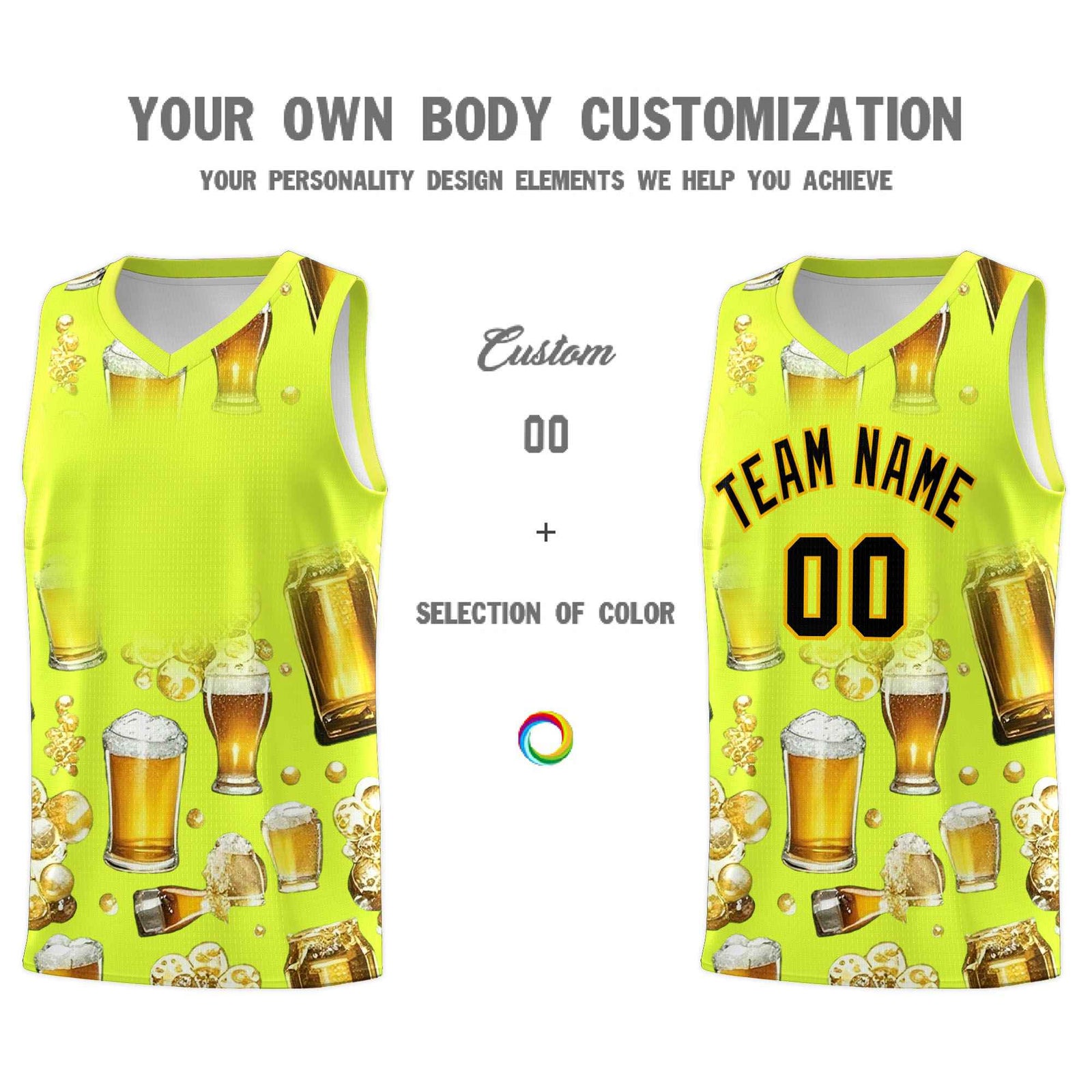 Custom Fluorescent Green National Beer Day Personalized Beer Bubble Basketball Jersey | Perfect for parties | Dye-sublimation printing | KXKSHOP
