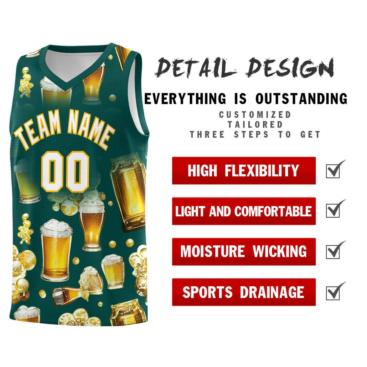 Custom Midnight Green National Beer Day Personalized Beer Bubble Basketball Jersey | Perfect for parties | Dye-sublimation printing | KXKSHOP