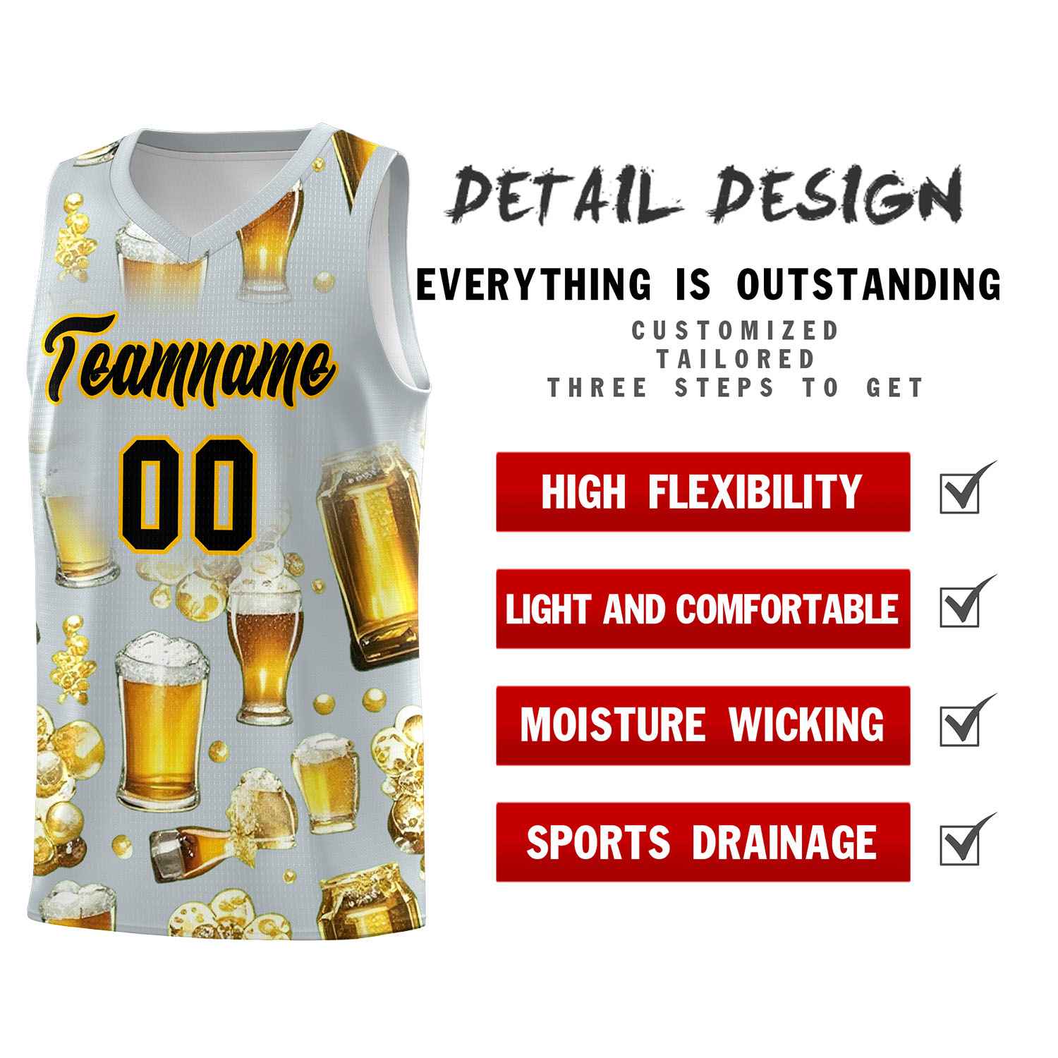 Custom Silver National Beer Day Personalized Beer Bubble Basketball Jersey | Perfect for parties | Dye-sublimation printing | KXKSHOP