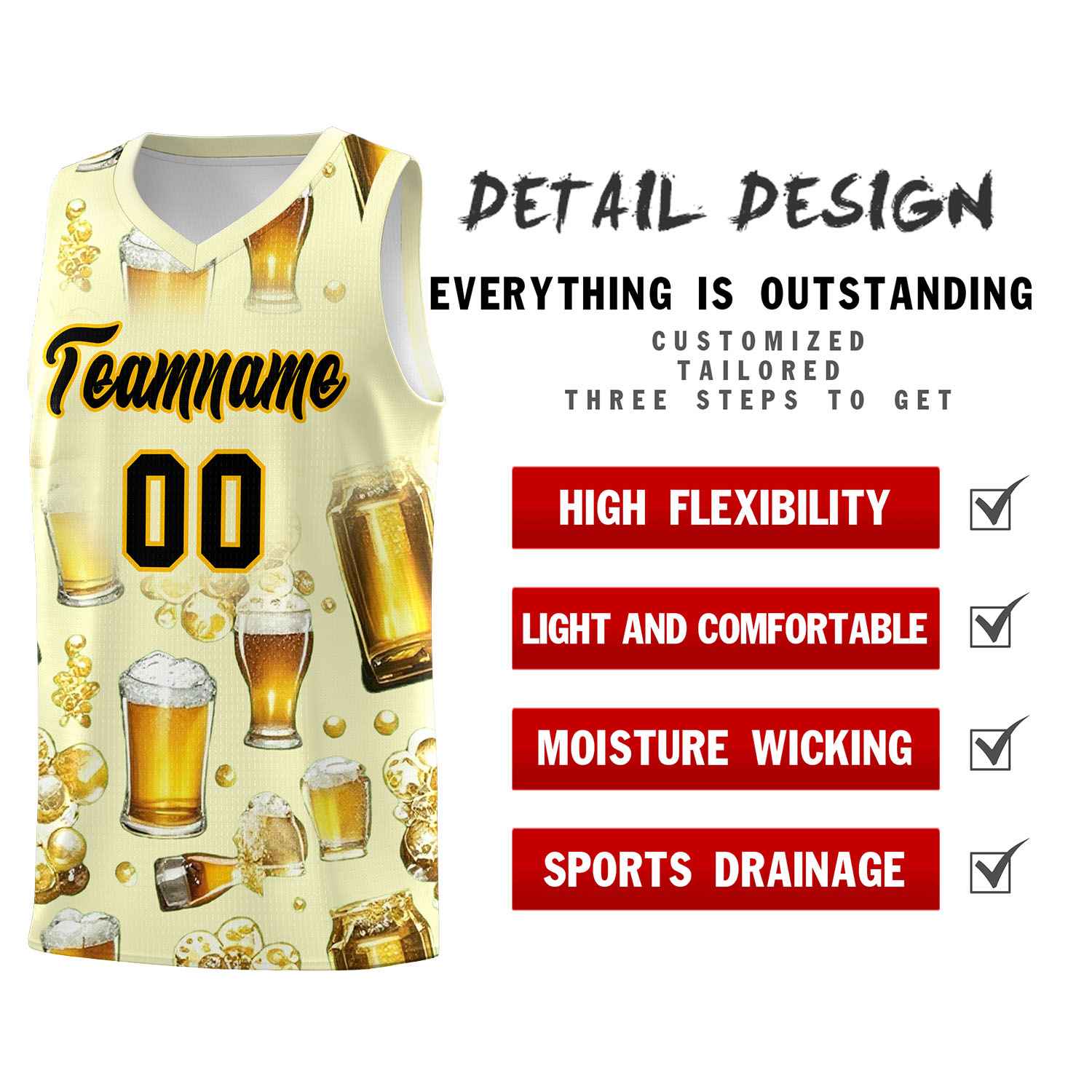 Custom Cream National Beer Day Personalized Beer Bubble Basketball Jersey | Perfect for parties | Dye-sublimation printing | KXKSHOP