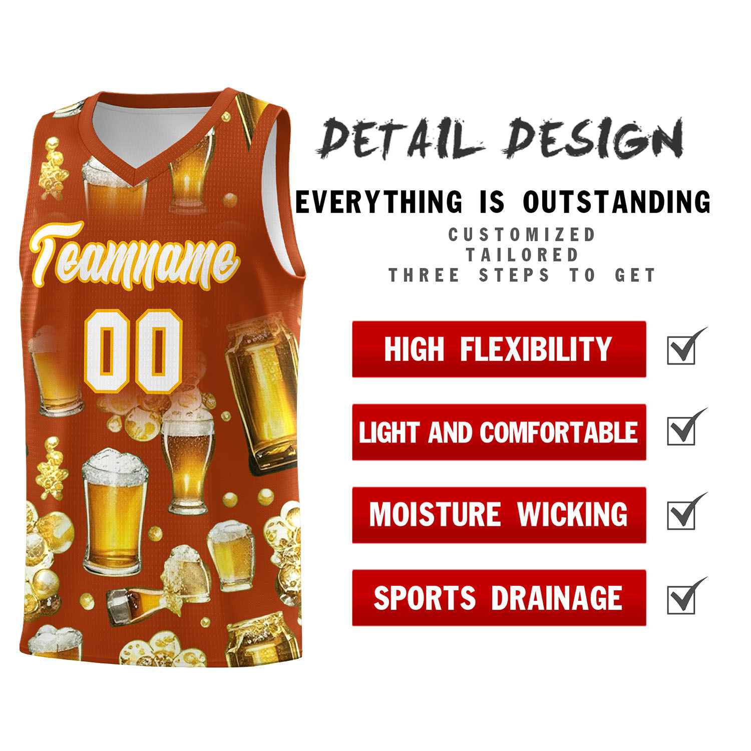 Custom Dark Orange National Beer Day Personalized Beer Bubble Basketball Jersey | Perfect for parties | Dye-sublimation printing | KXKSHOP