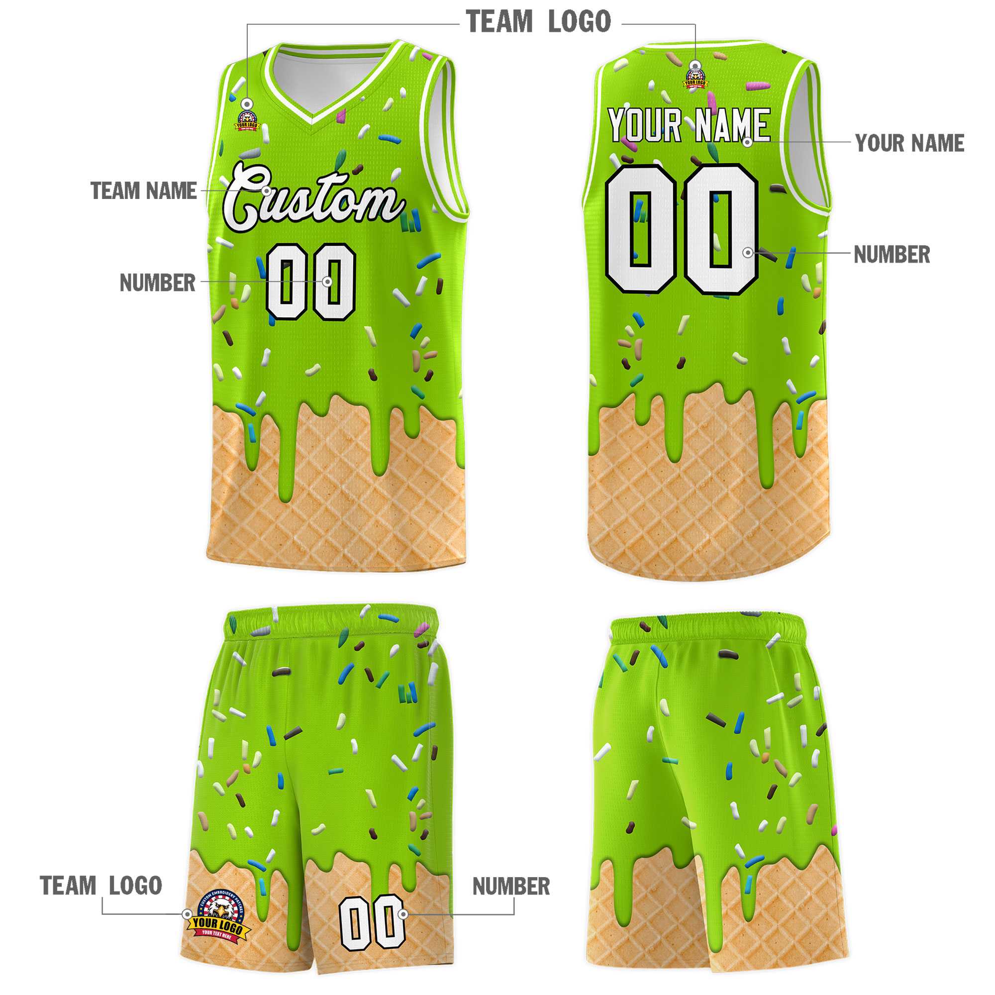 Custom Neon Green Basketball Kits with Ice Cream Element Pattern
