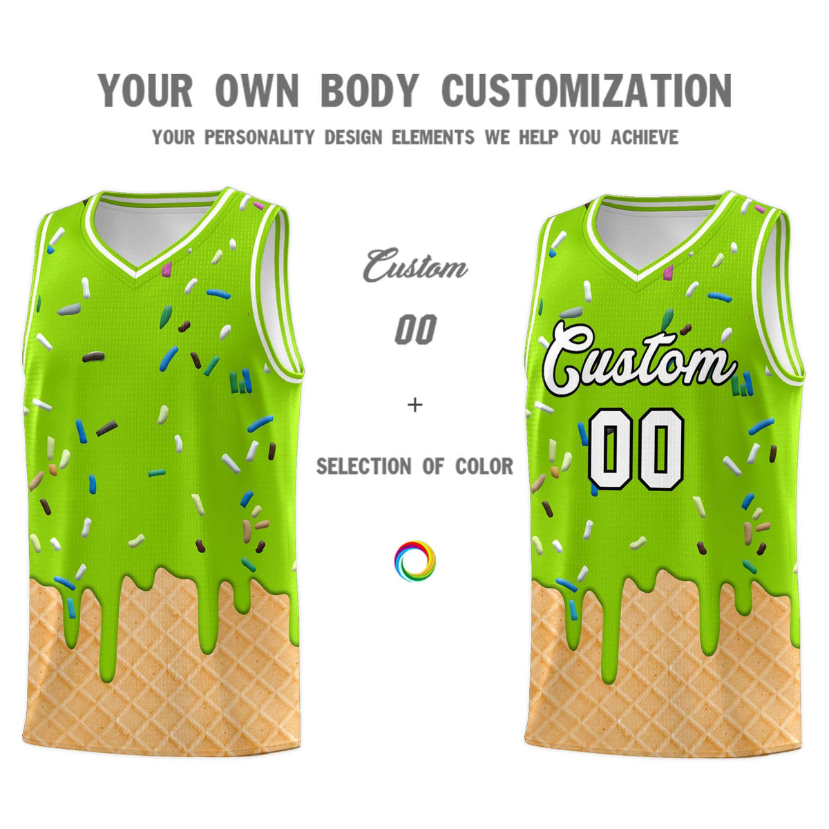 Custom Neon Green Basketball Kits with Ice Cream Element Pattern
