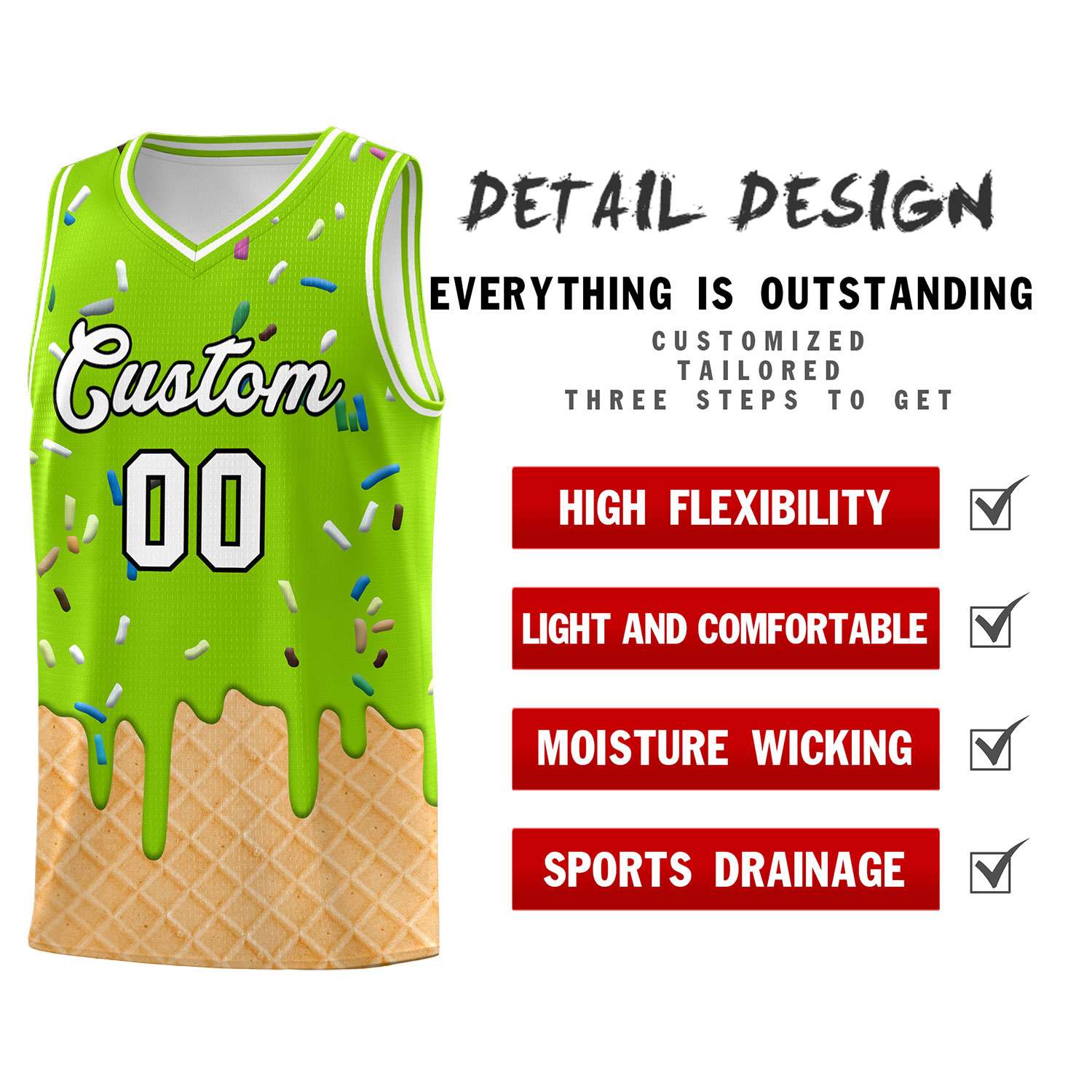 Custom Neon Green Basketball Kits with Ice Cream Element Pattern