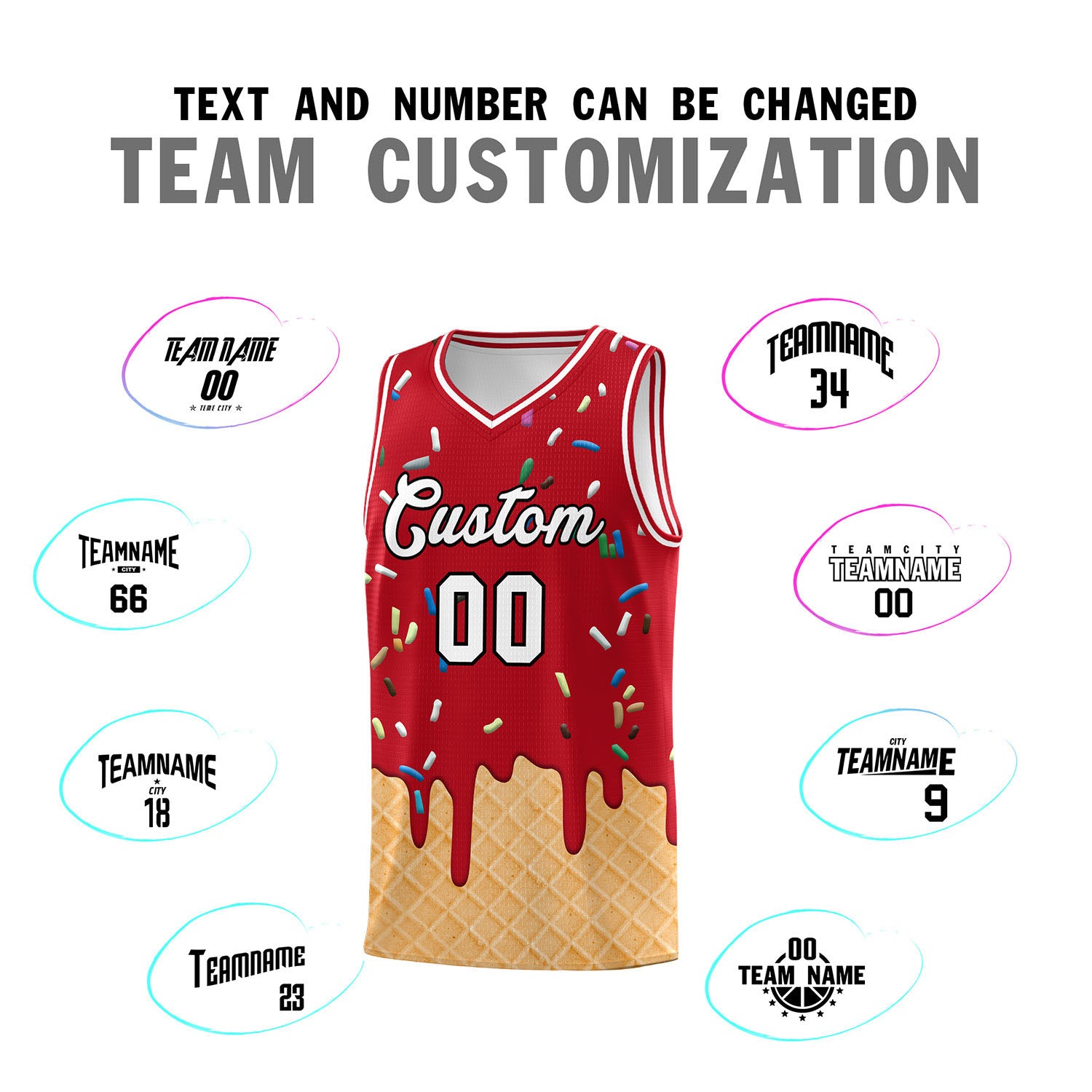 Custom Red Basketball Kits with Ice Cream Element Pattern