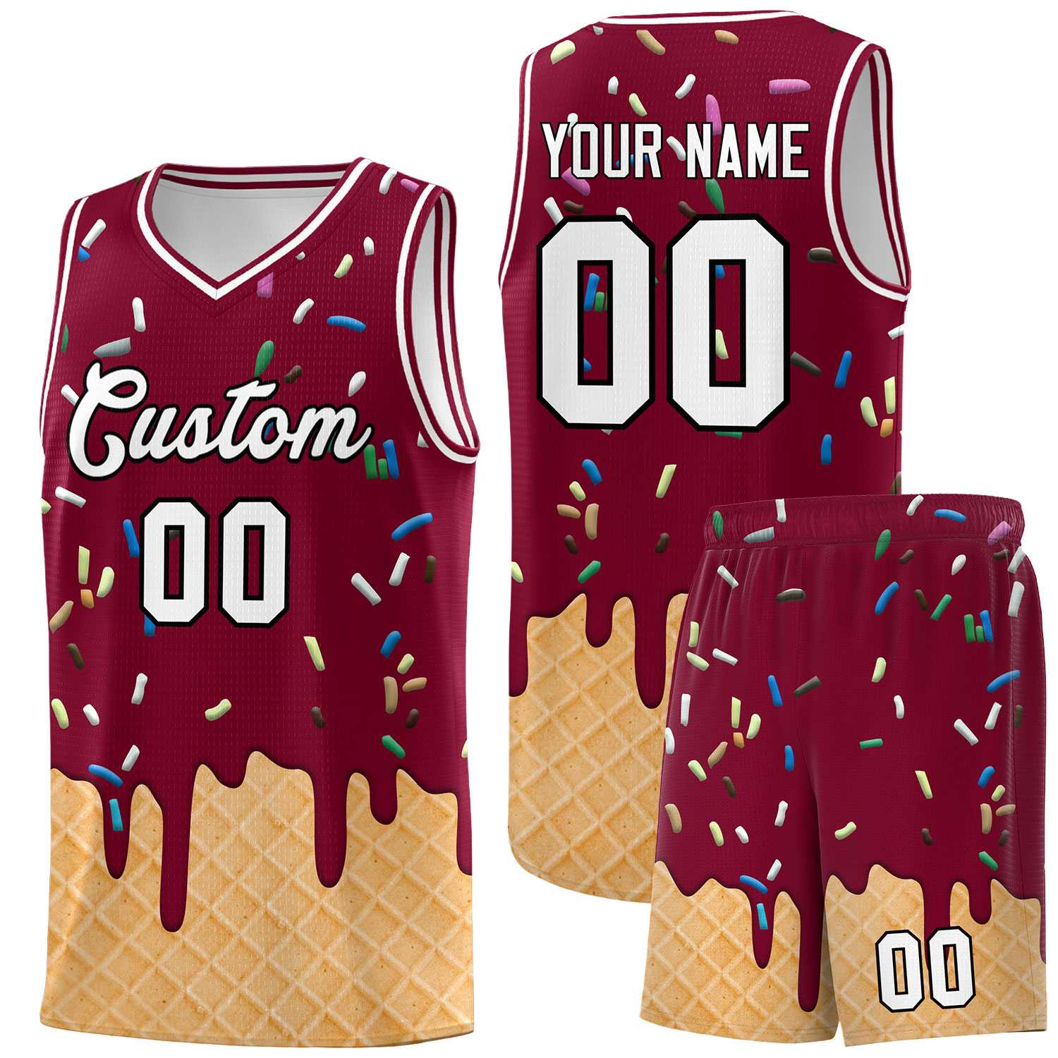 Custom Crimson Basketball Kits with Ice Cream Element Pattern