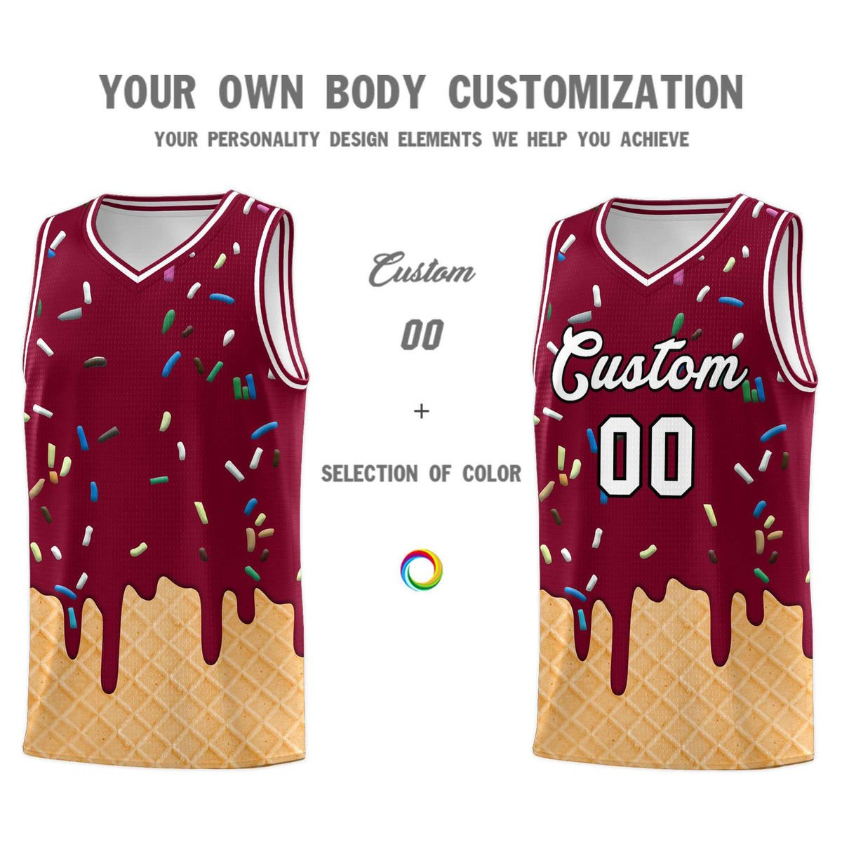 Custom Crimson Basketball Kits with Ice Cream Element Pattern
