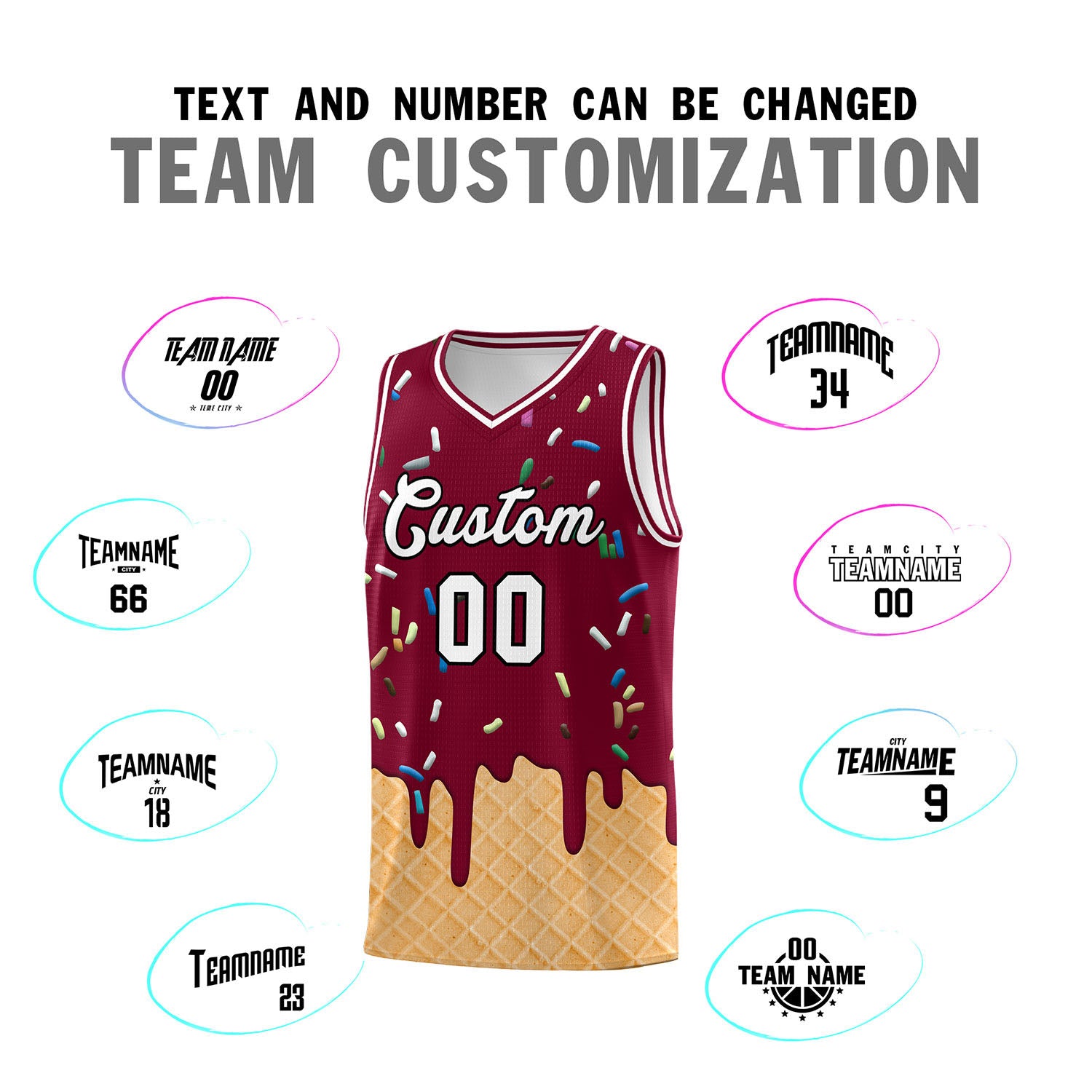 Custom Crimson Basketball Kits with Ice Cream Element Pattern