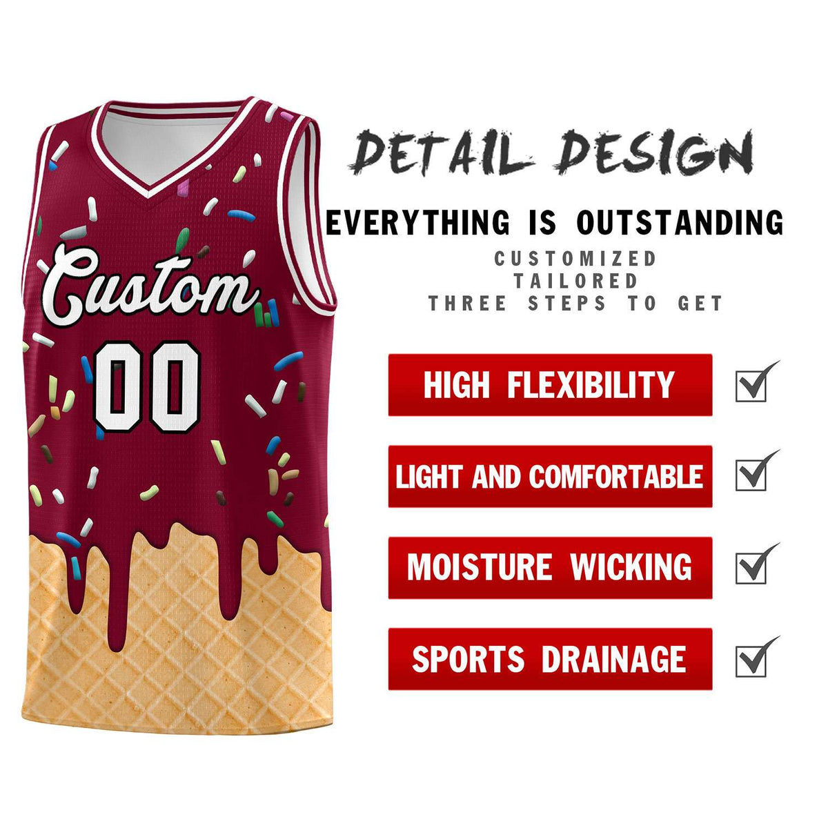 Custom Crimson Basketball Kits with Ice Cream Element Pattern