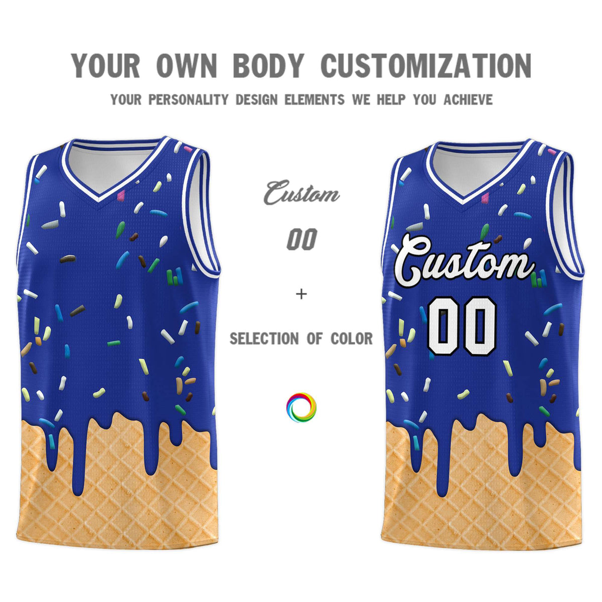 Custom Royal Blue Basketball Kits with Ice Cream Element Pattern