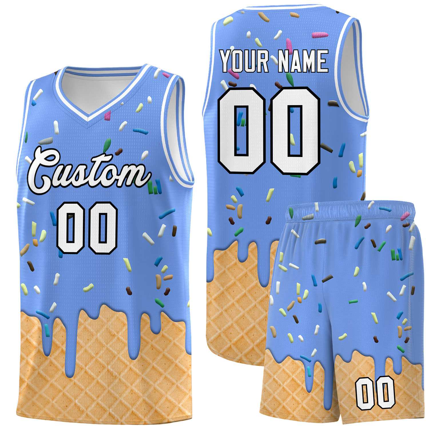 Custom Light Blue Basketball Kits with Ice Cream Element Pattern