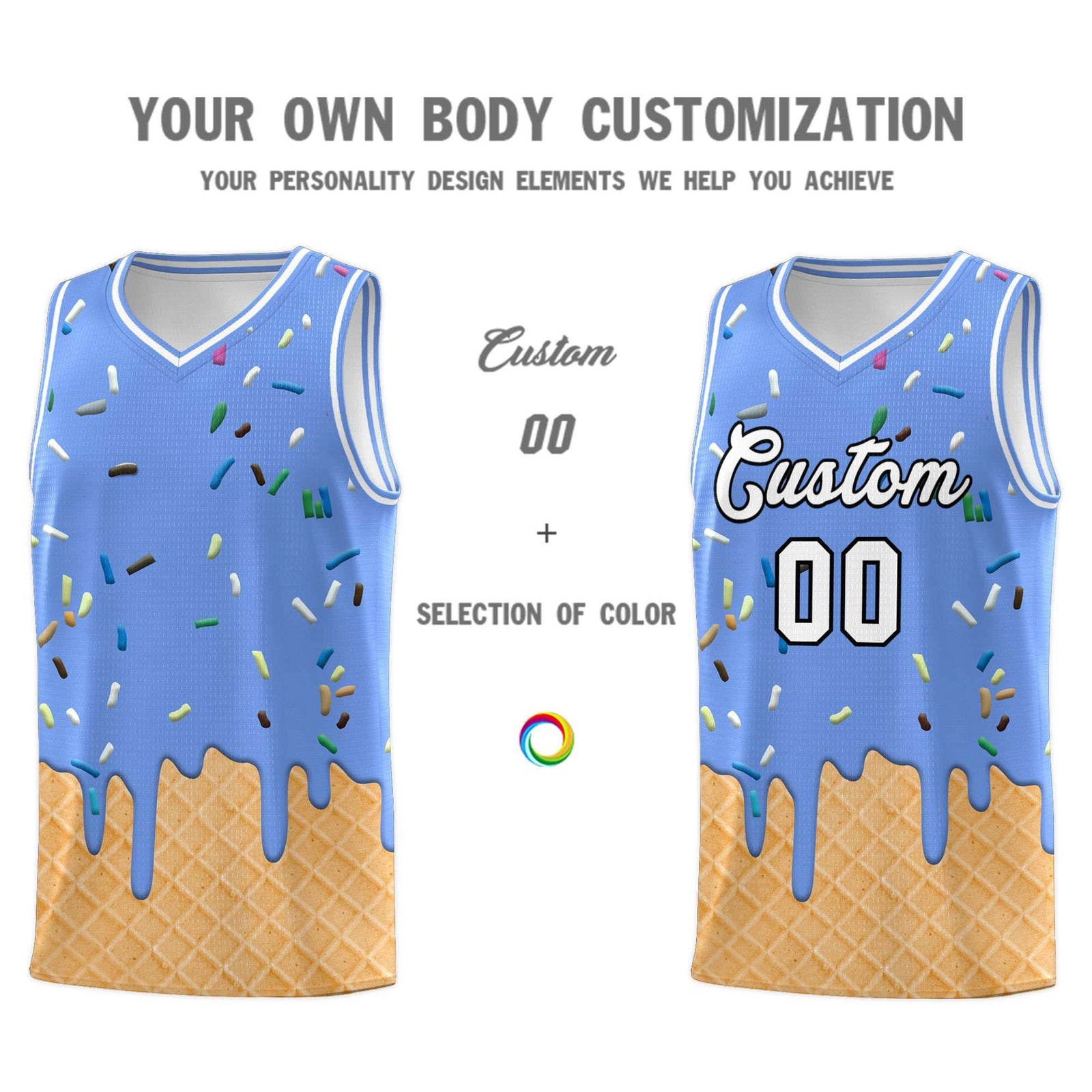 Custom Light Blue Basketball Kits with Ice Cream Element Pattern