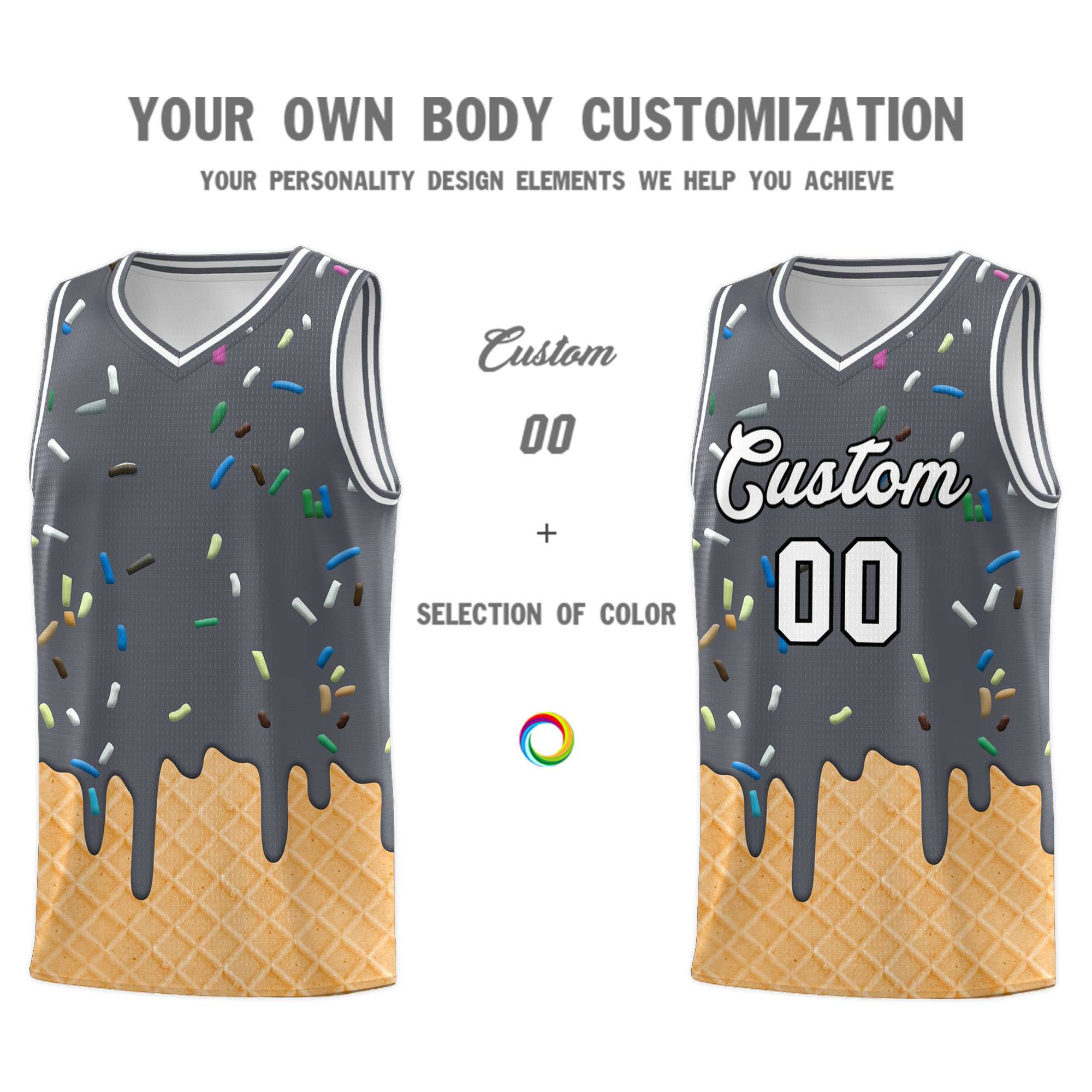 Custom Gray Basketball Kits with Ice Cream Element Pattern