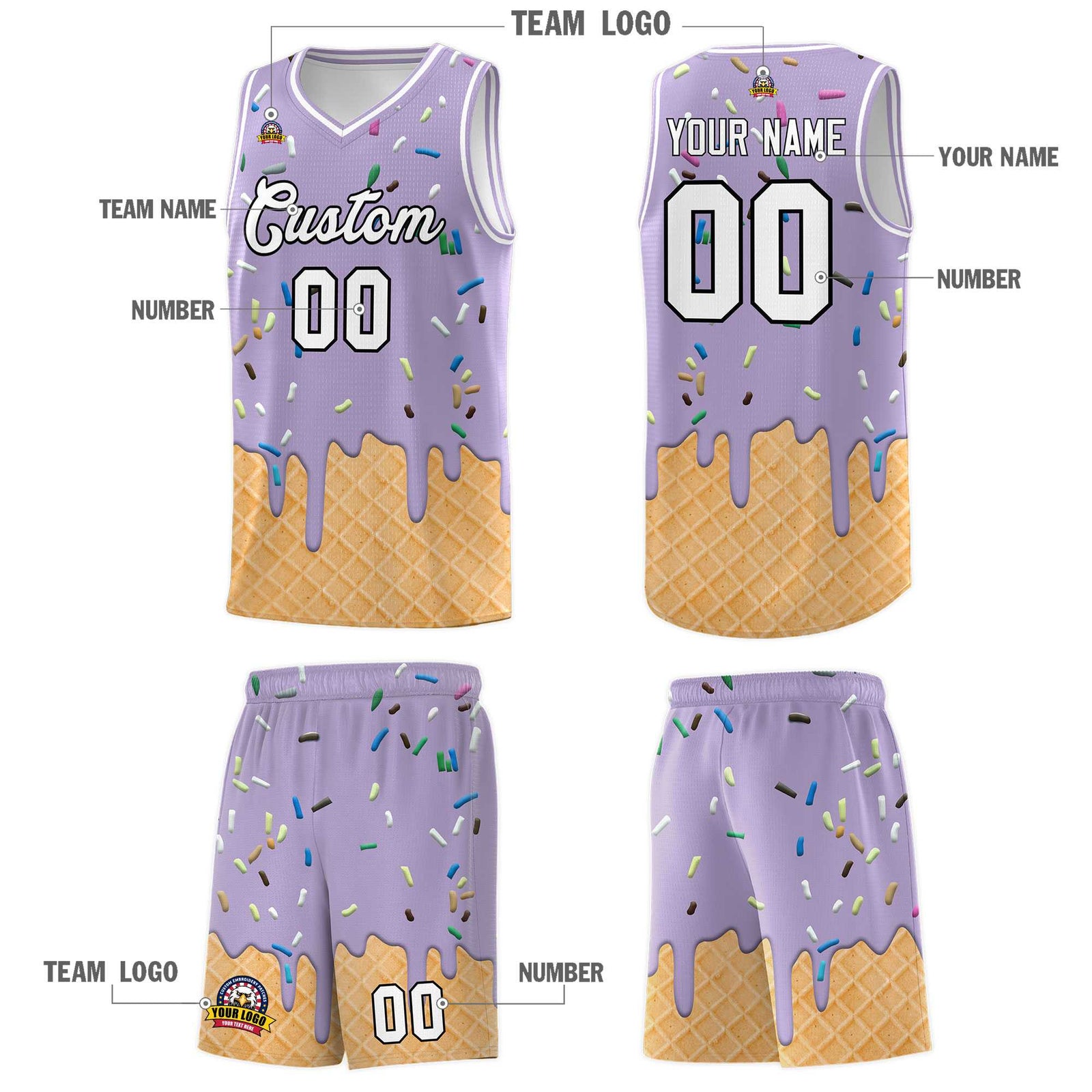 Custom Light Purple Basketball Kits with Ice Cream Element Pattern