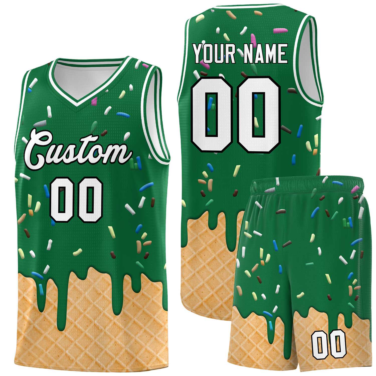 Custom Kelly Green Basketball Kits with Ice Cream Element Pattern