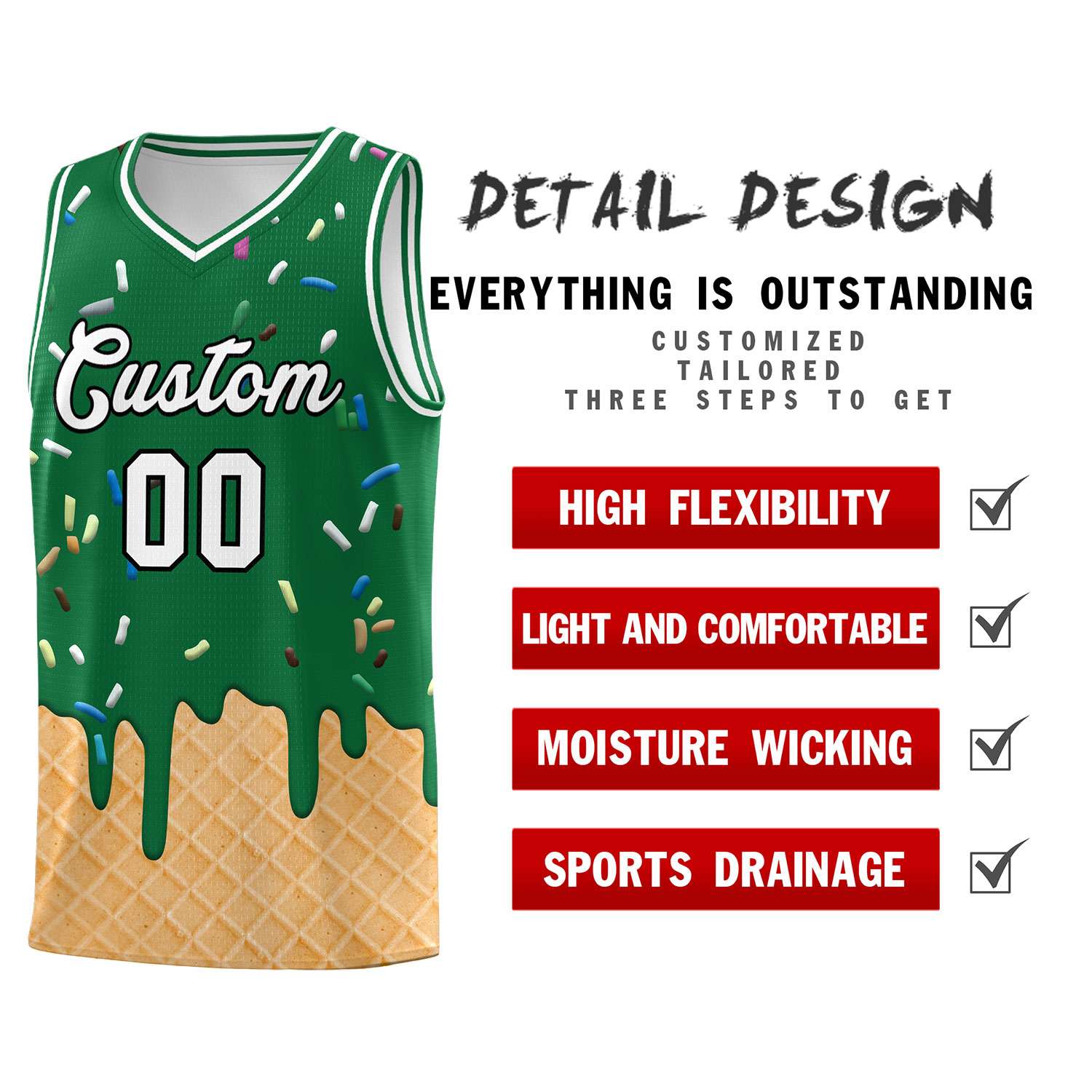 Custom Kelly Green Basketball Kits with Ice Cream Element Pattern