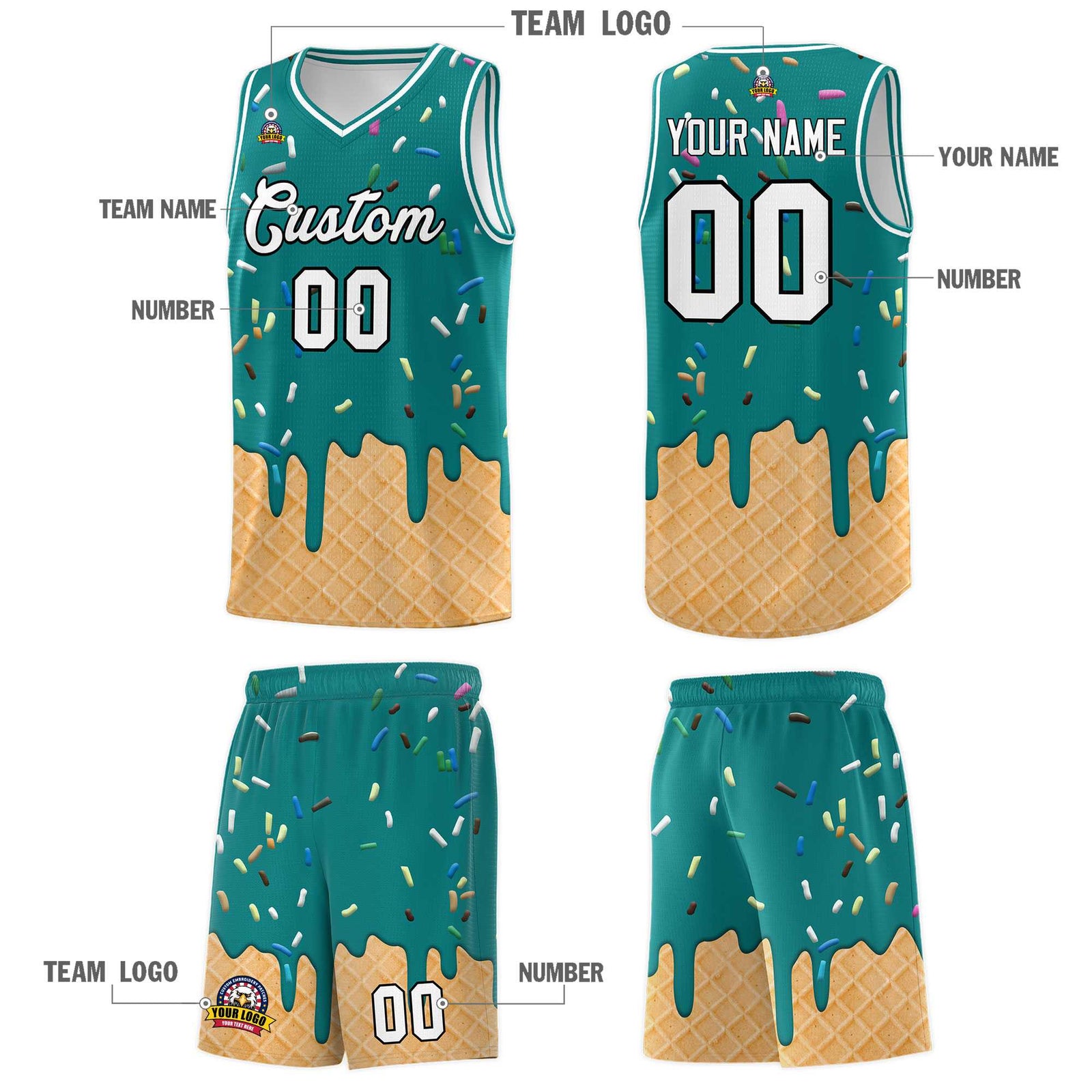 Custom Teal Basketball Kits with Ice Cream Element Pattern