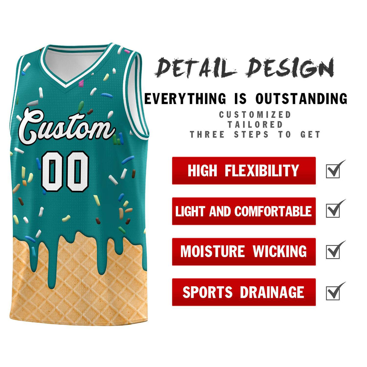 Custom Teal Basketball Kits with Ice Cream Element Pattern