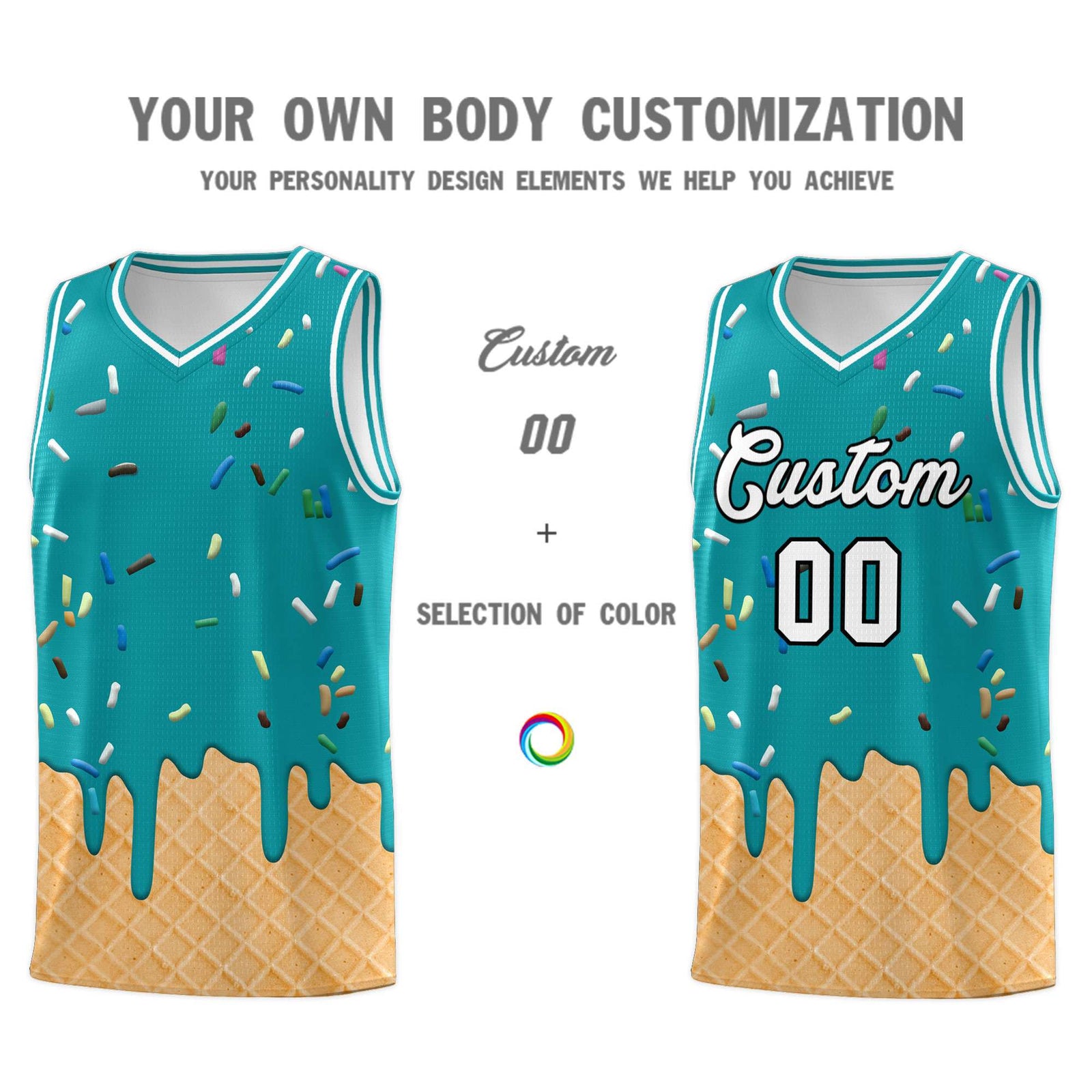 Custom Aqua Basketball Kits with Ice Cream Element Pattern