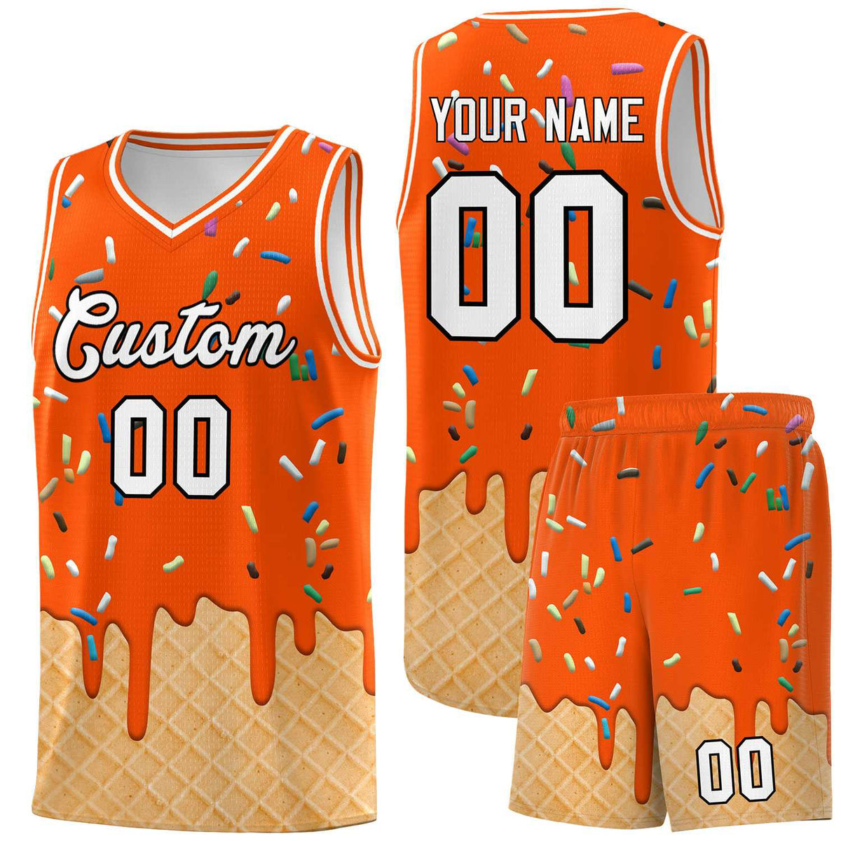 Custom Orange Basketball Kits with Ice Cream Element Pattern