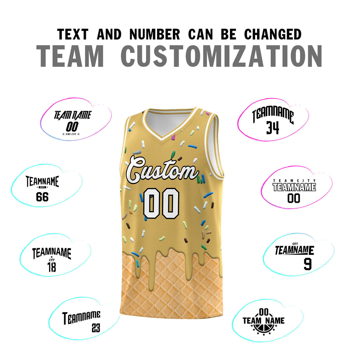 Custom Old Gold Basketball Kits with Ice Cream Element Pattern