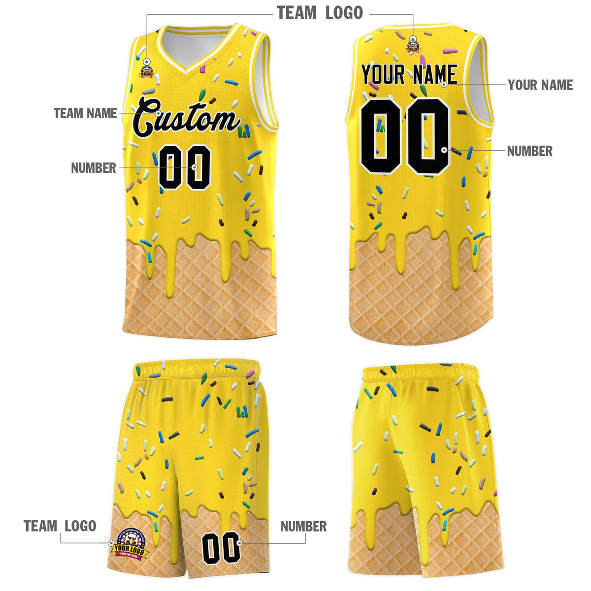 Custom Gold Basketball Kits with Ice Cream Element Pattern