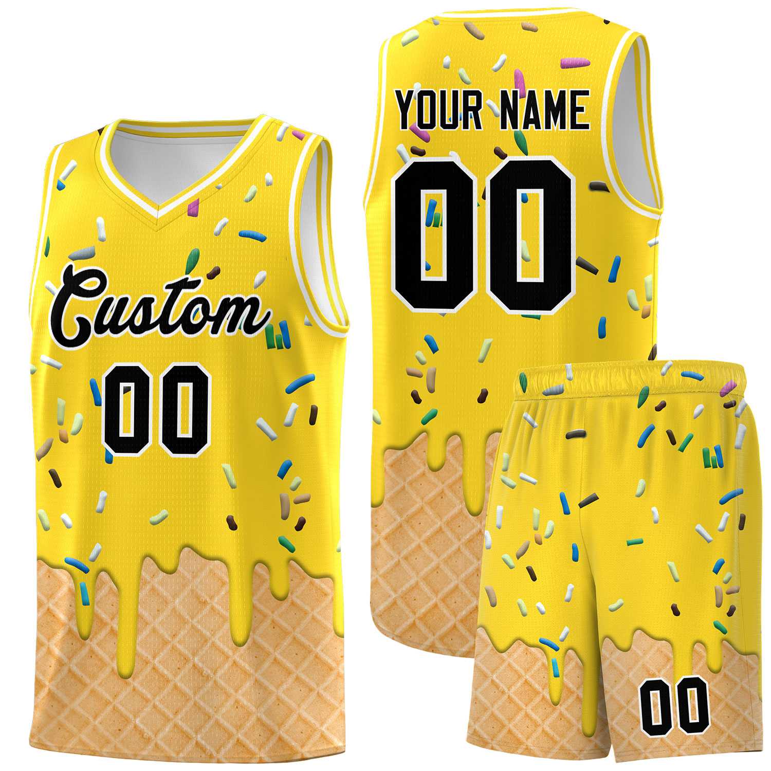 Custom Gold Basketball Kits with Ice Cream Element Pattern