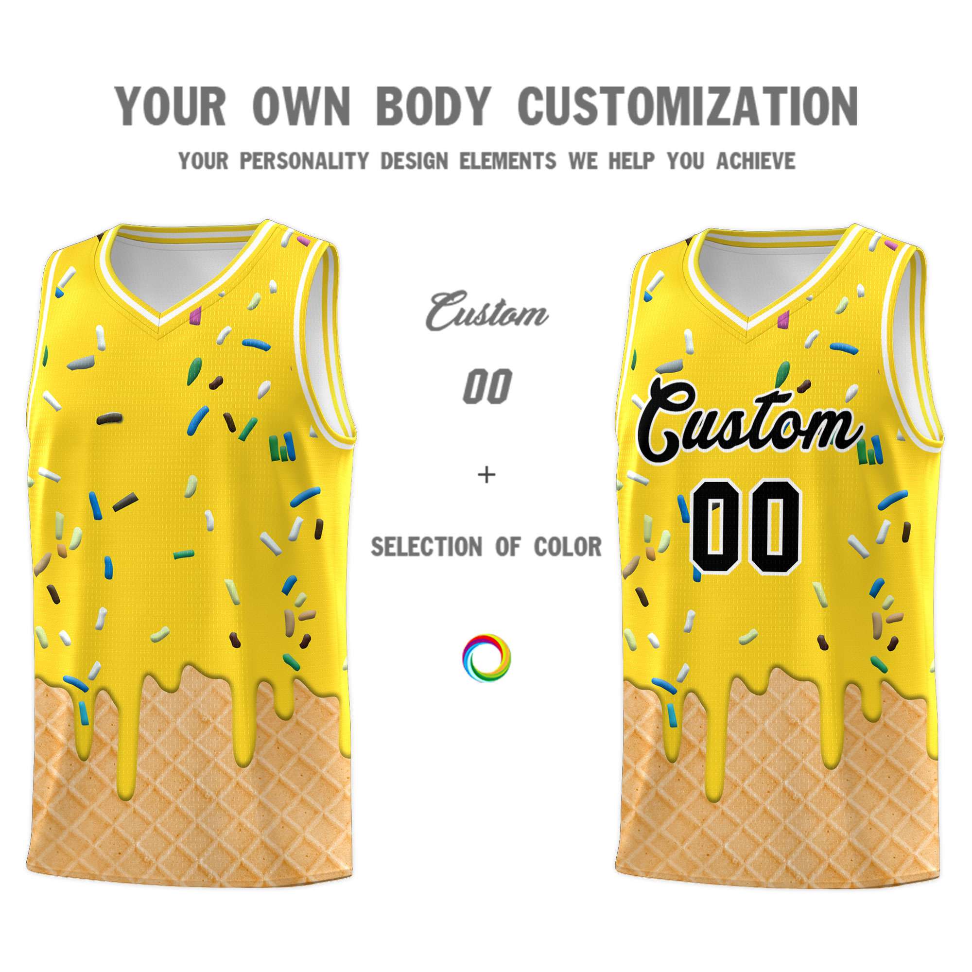 Custom Gold Basketball Kits with Ice Cream Element Pattern