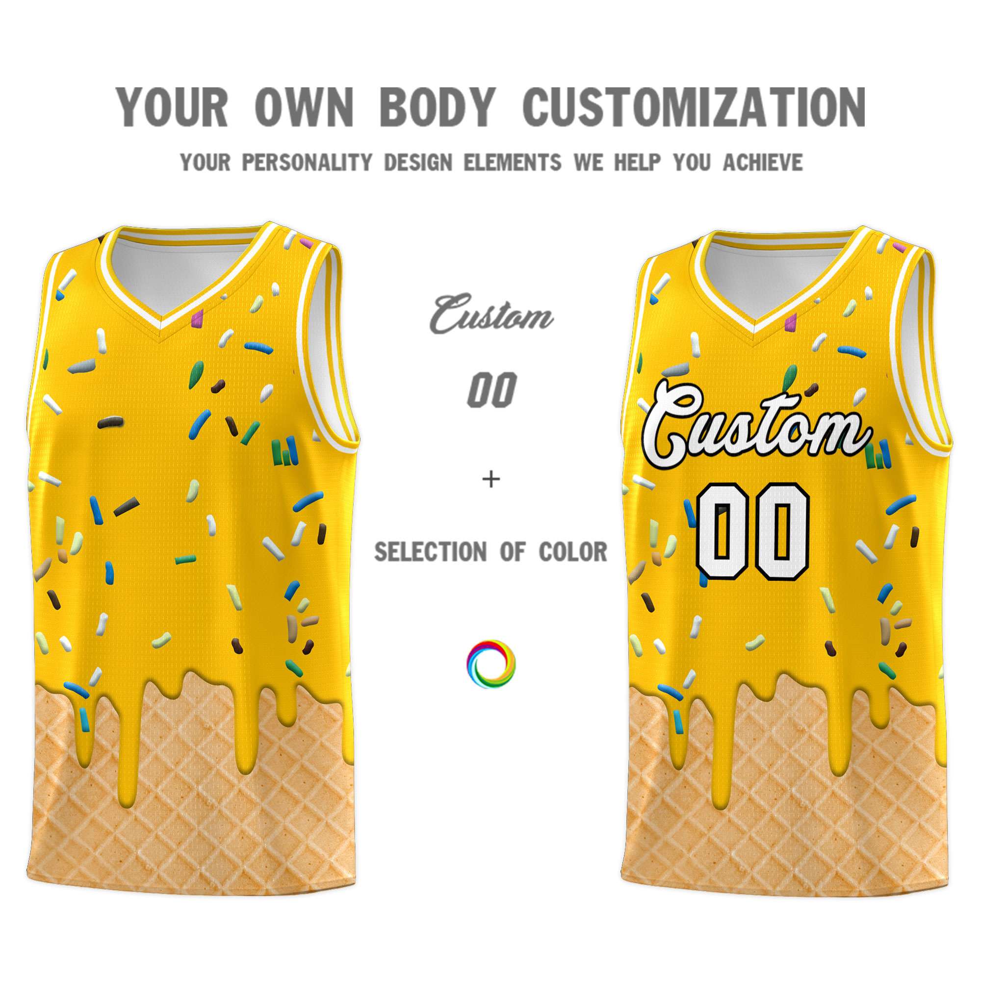 Custom Yellow Basketball Kits with Ice Cream Element Pattern