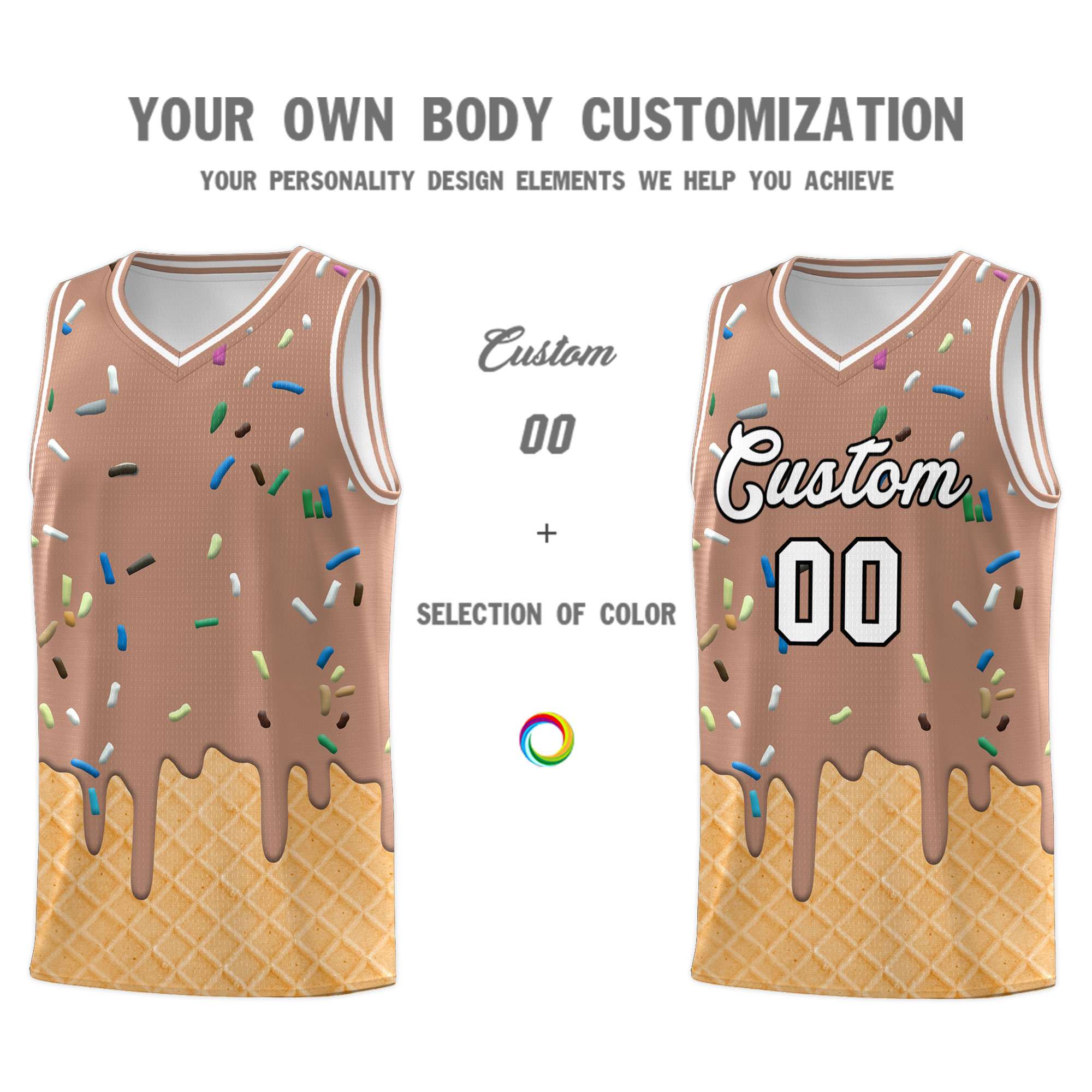 Custom Coffee Basketball Kits with Ice Cream Element Pattern