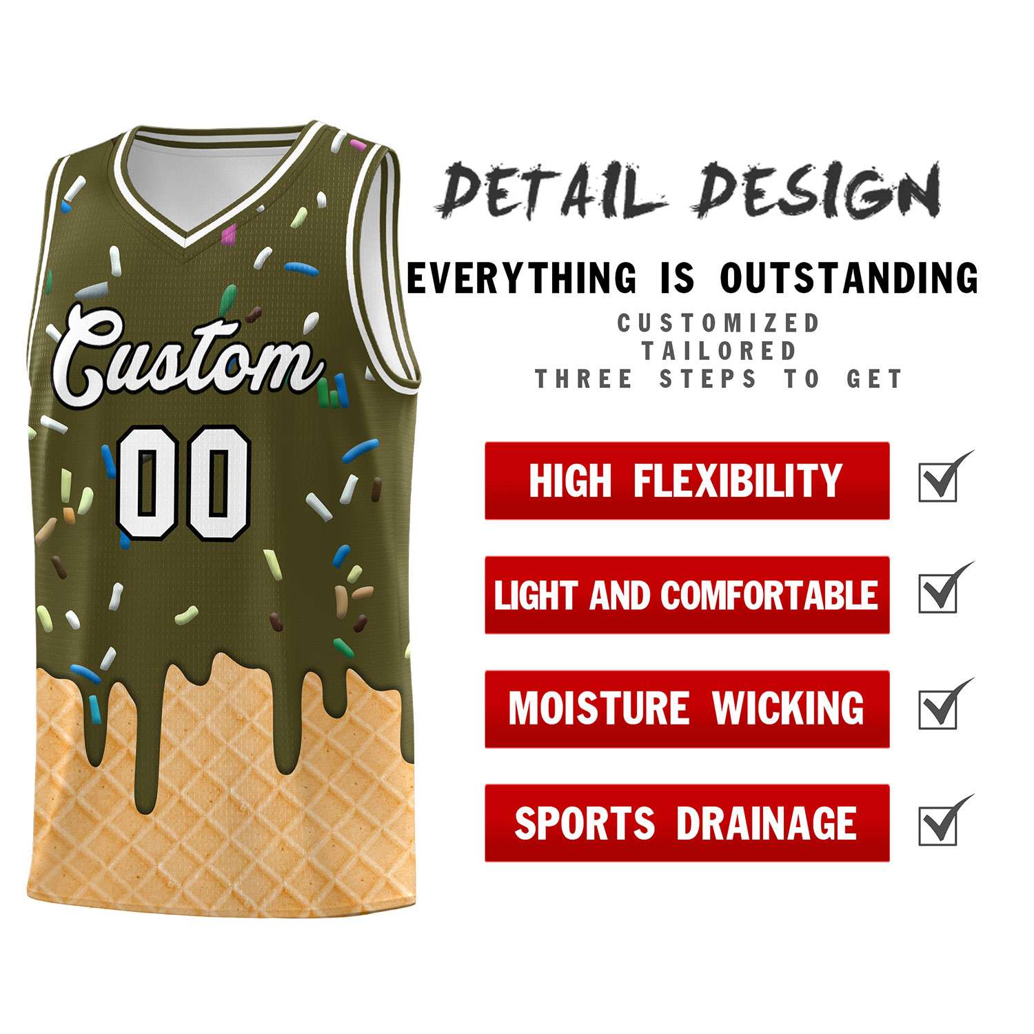 Custom Olive Basketball Kits with Ice Cream Element Pattern