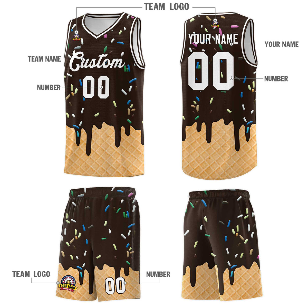 Custom Brown Basketball Kits with Ice Cream Element Pattern