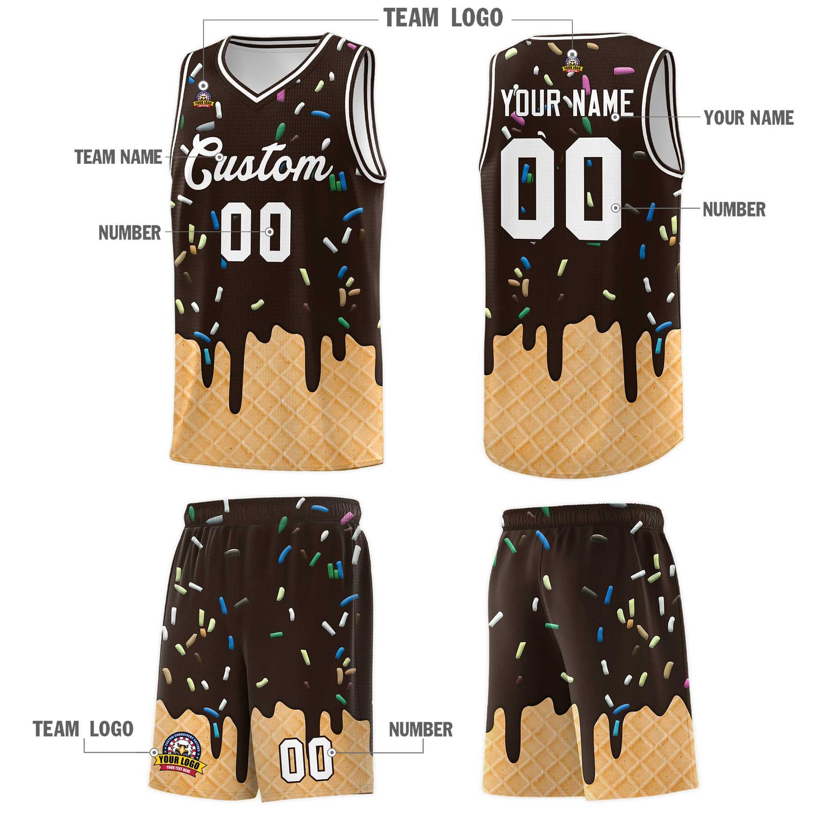 Custom Brown Basketball Kits with Ice Cream Element Pattern