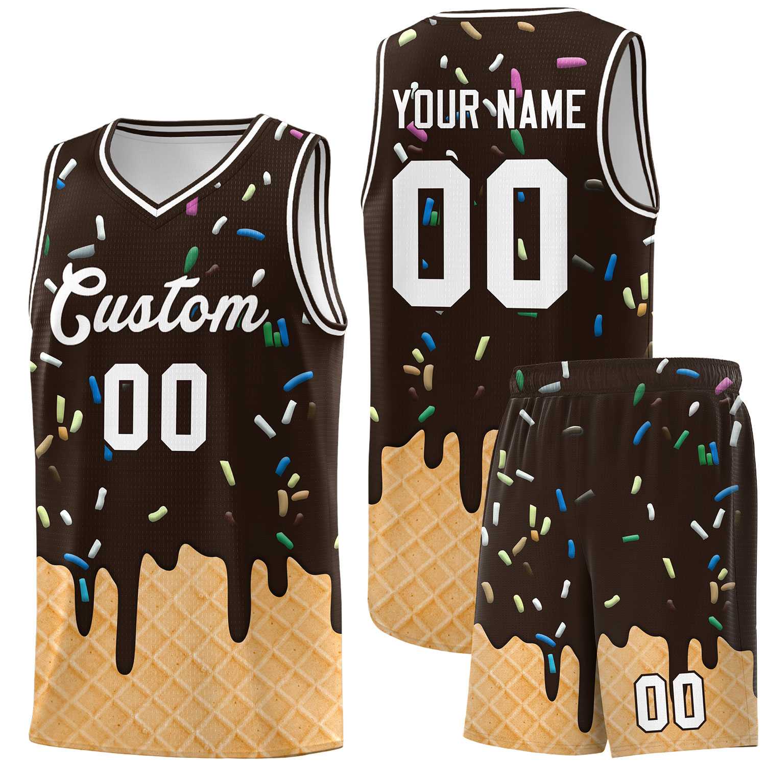 Custom Brown Basketball Kits with Ice Cream Element Pattern